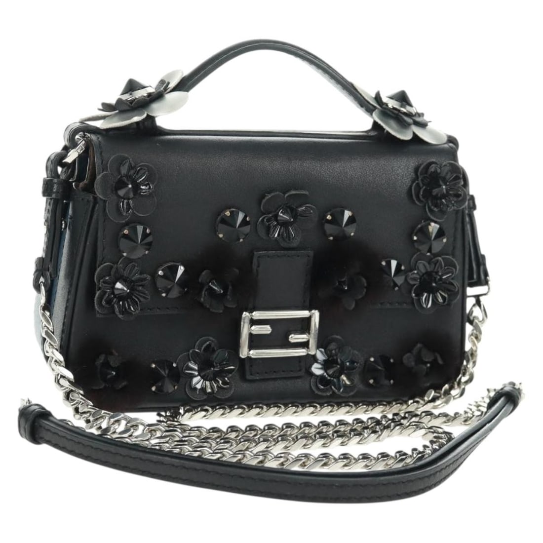 Fendi Double Micro Baguette Leather Shoulder Bag Black Blue Silver with Chain: Fendi Double Micro Baguette Leather Shoulder Bag Black Blue Silver with Chain This FENDI Double Micro Baguette Chain Bag is crafted from leather in a striking combination of black, blue, and silver. F
