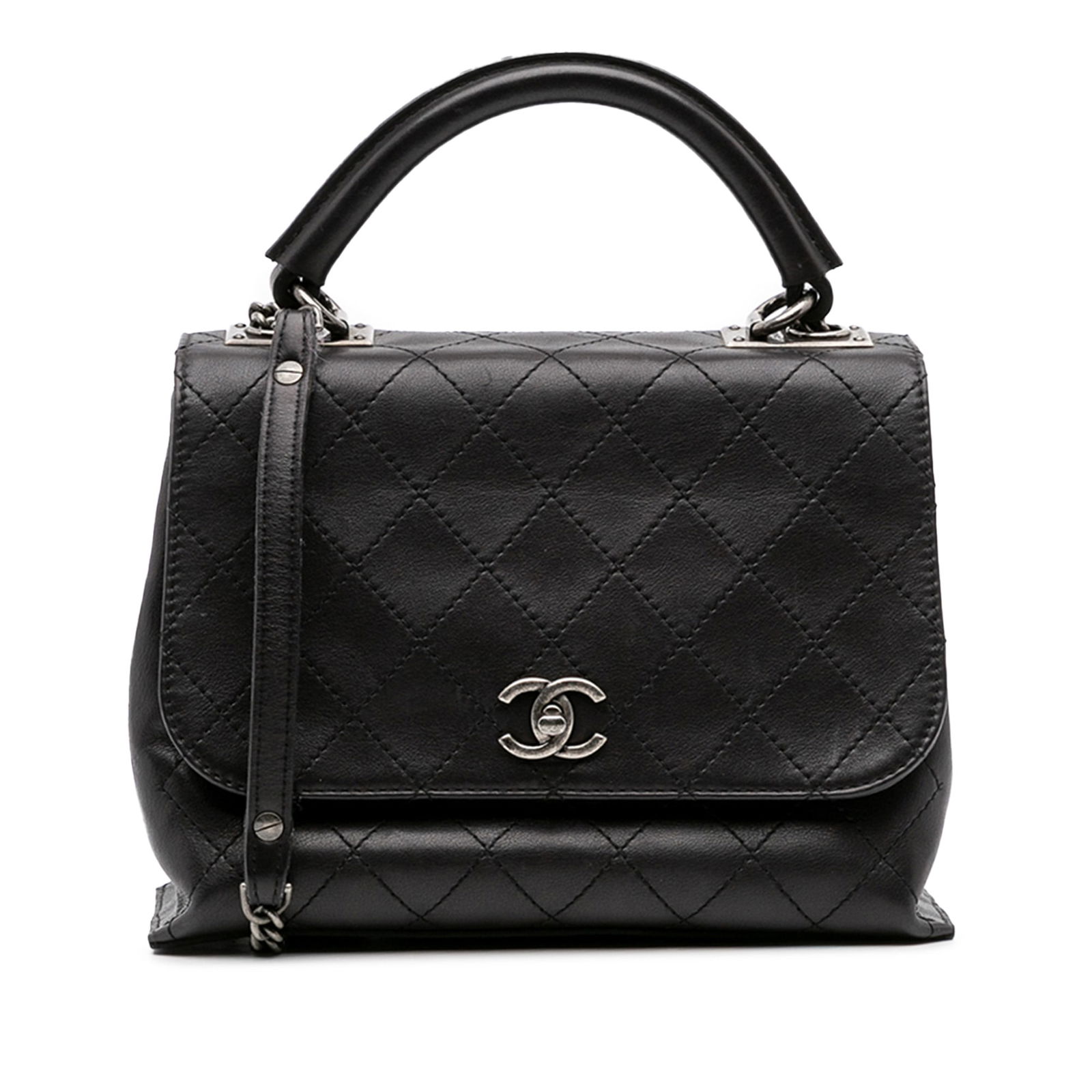 Chanel Urban Luxury Black Leather Top Handle Bag: Chanel Urban Luxury Black Leather Top Handle Bag This Chanel Stitched Calfskin Urban Luxury Top Handle Bag is a stylish and functional accessory crafted from premium leather. It features a rolled leat