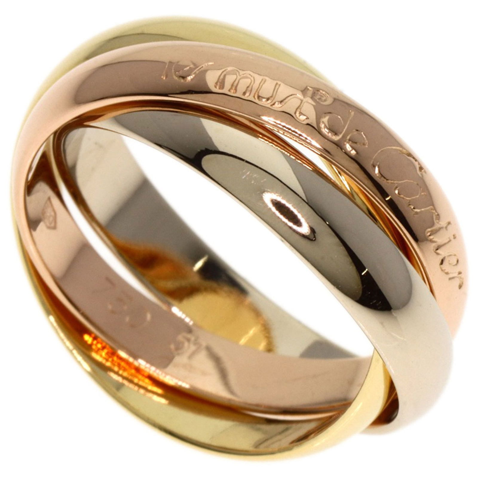 Trinity Ring in 18K Pink White and Yellow Gold by Cartier: Trinity Ring in 18K Pink White and Yellow Gold by Cartier This Cartier Trinity ring features interlocking bands crafted from 18K pink, white, and yellow gold. Designed for women, the ring is polished