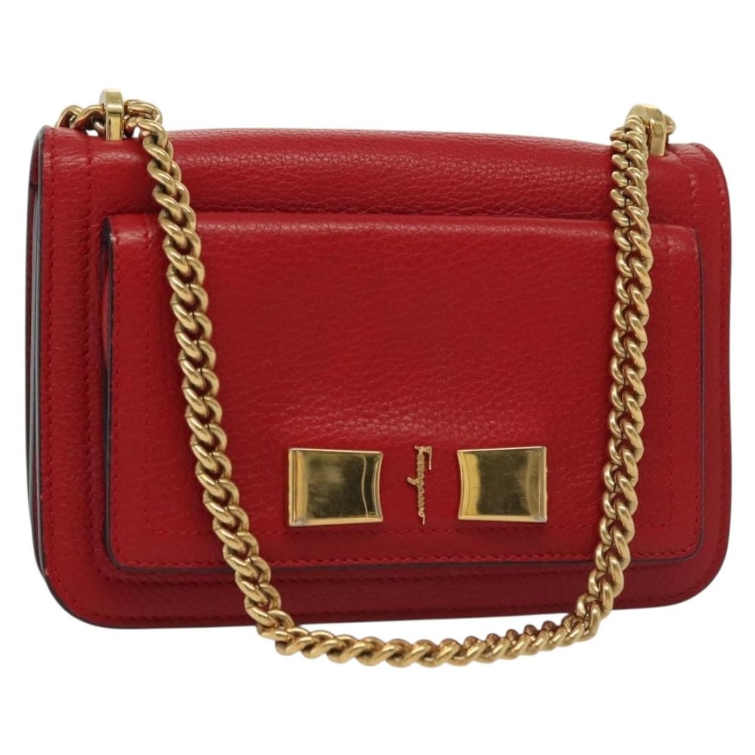 Salvatore Ferragamo Chain Vala Shoulder Bag Leather Red Gold Italy Auth 138878 (1 of 18)