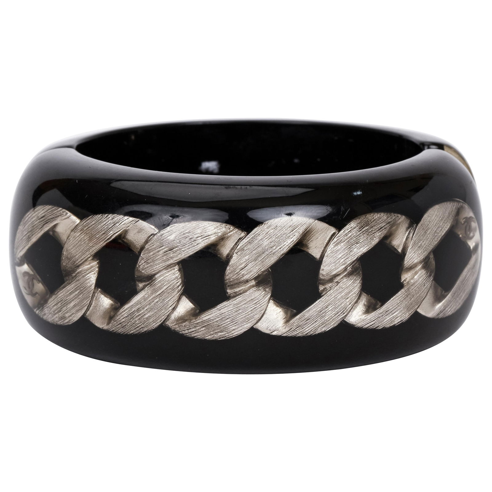 Chanel Set of 2 Black Lucite Cuff Bracelets with Ruthenium Inlay (1 of 7)