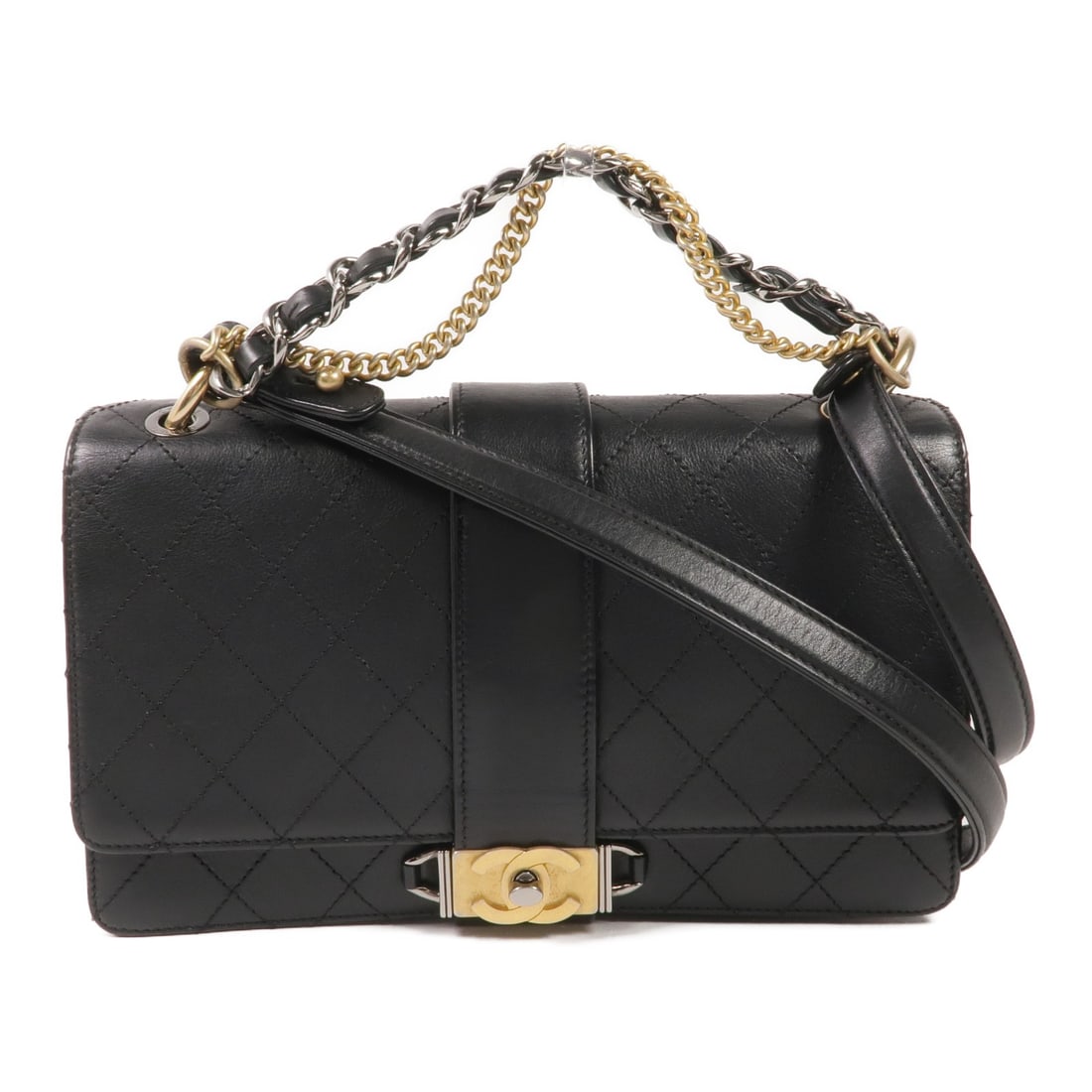CHANEL 2 Way Shoulder Bag Black Calfskin Leather France: CHANEL 2 Way Shoulder Bag Black Calfskin Leather France This stunning CHANEL 2 Way Shoulder Bag is crafted from high-quality black calfskin leather, showcasing the brand's iconic elegance. The bag fea
