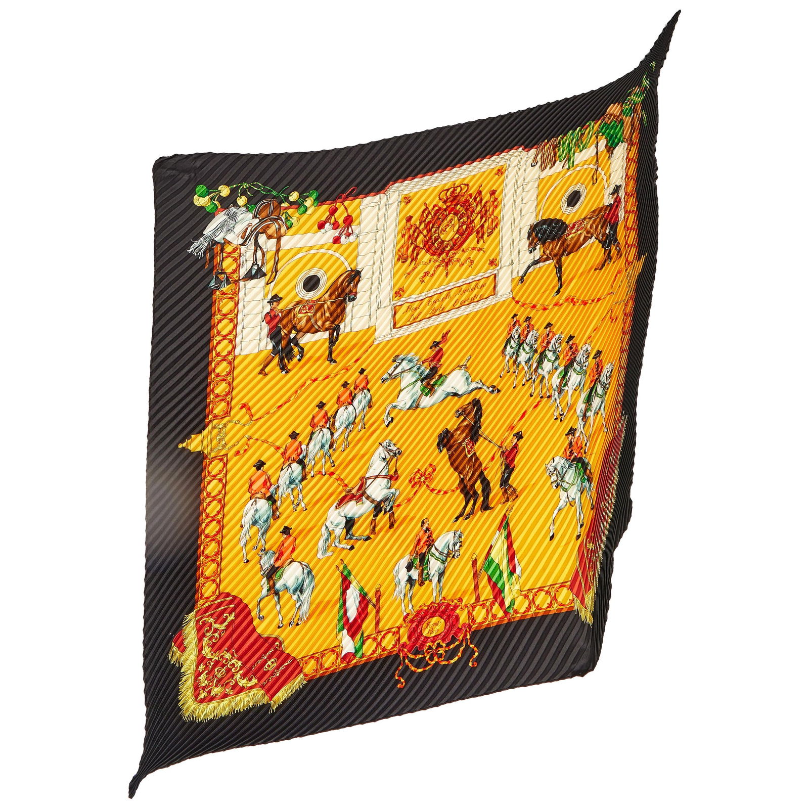 Hermes Escuela Andaluza Black Plisse Scarf 35 Inch New with Tag: Hermes Escuela Andaluza Black Plisse Scarf 35 Inch New with Tag Introducing the exquisite Hermes Escuela Andaluza Plisse Scarf, a stunning piece designed by Hermes De Watrigant. This luxurious scarf f