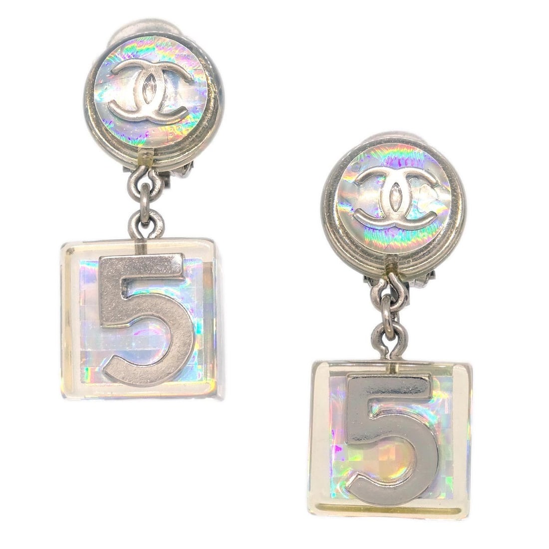 Chanel Clear Dangle Cube Clip-On Earrings 97P (1 of 4)