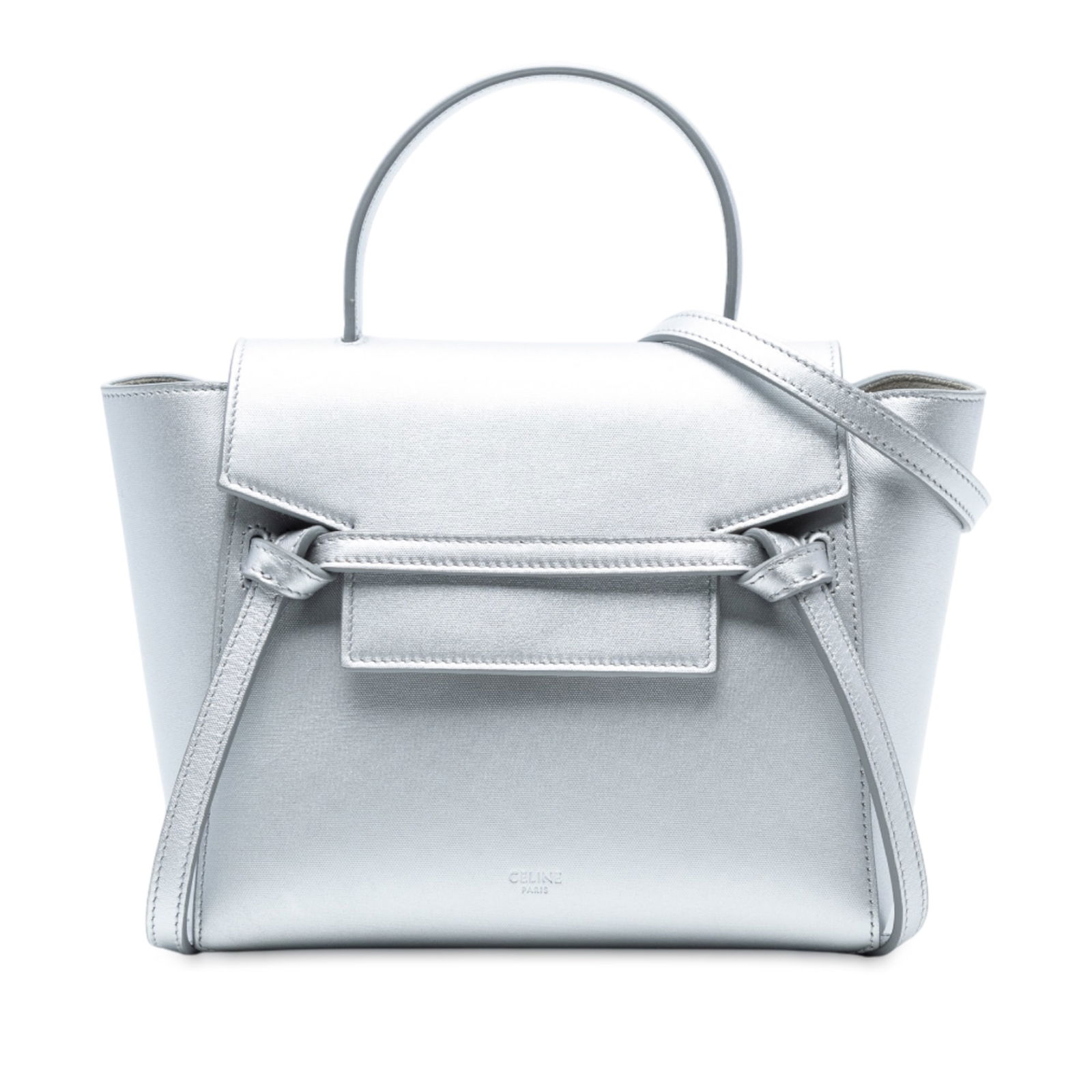 Celine Nano Silver Laminated Calfskin Belt Bag: Celine Nano Silver Laminated Calfskin Belt Bag Introducing the Celine Nano Laminated Calfskin Belt Bag, a stylish and practical accessory crafted from high-quality leather. This exquisite satchel feat