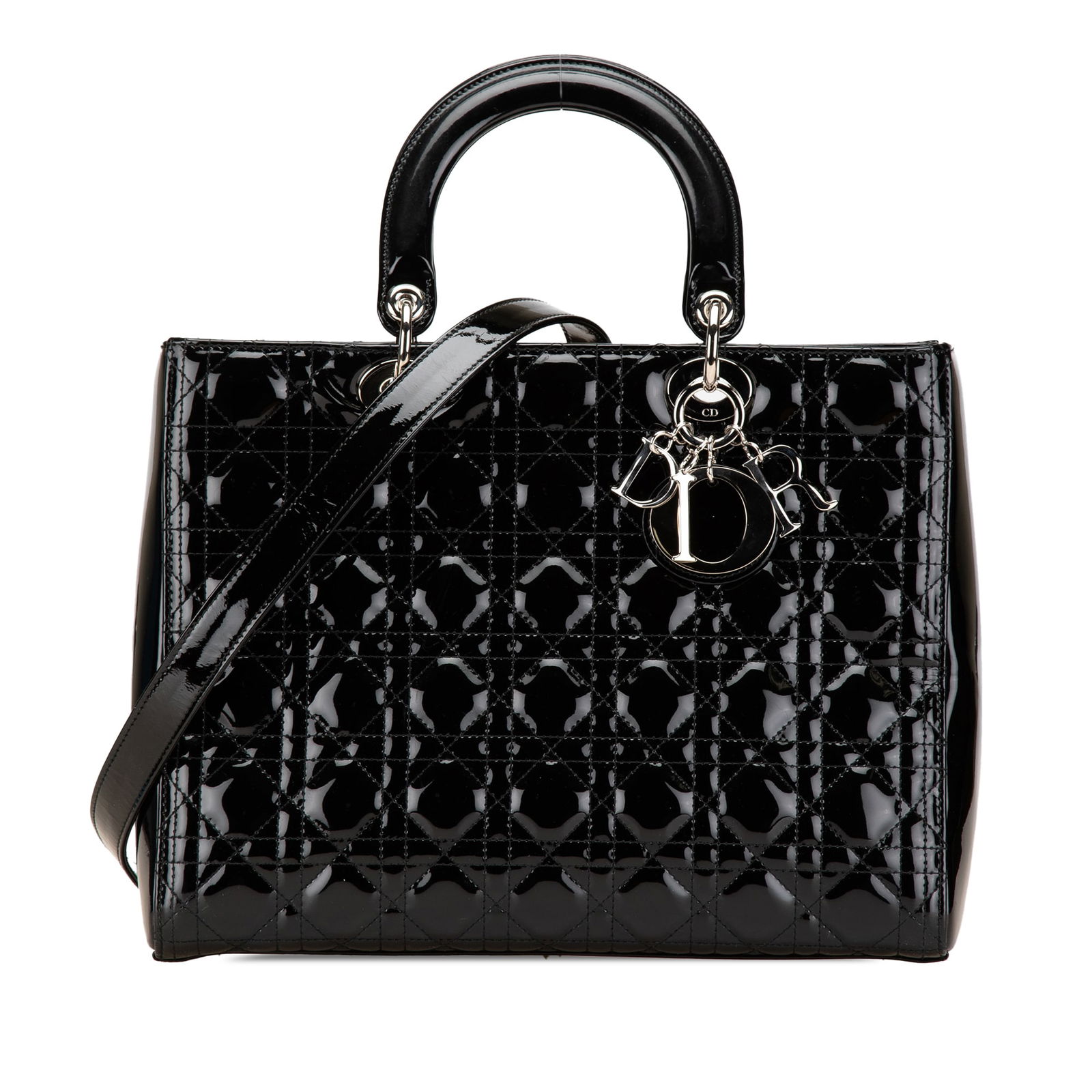 Dior Large Patent Cannage Lady Dior Black Leather Handbag: Dior Large Patent Cannage Lady Dior Black Leather Handbag Introducing the Large Patent Cannage Lady Dior, a stunning embodiment of luxury and elegance. This exquisite handbag features a quilted patent