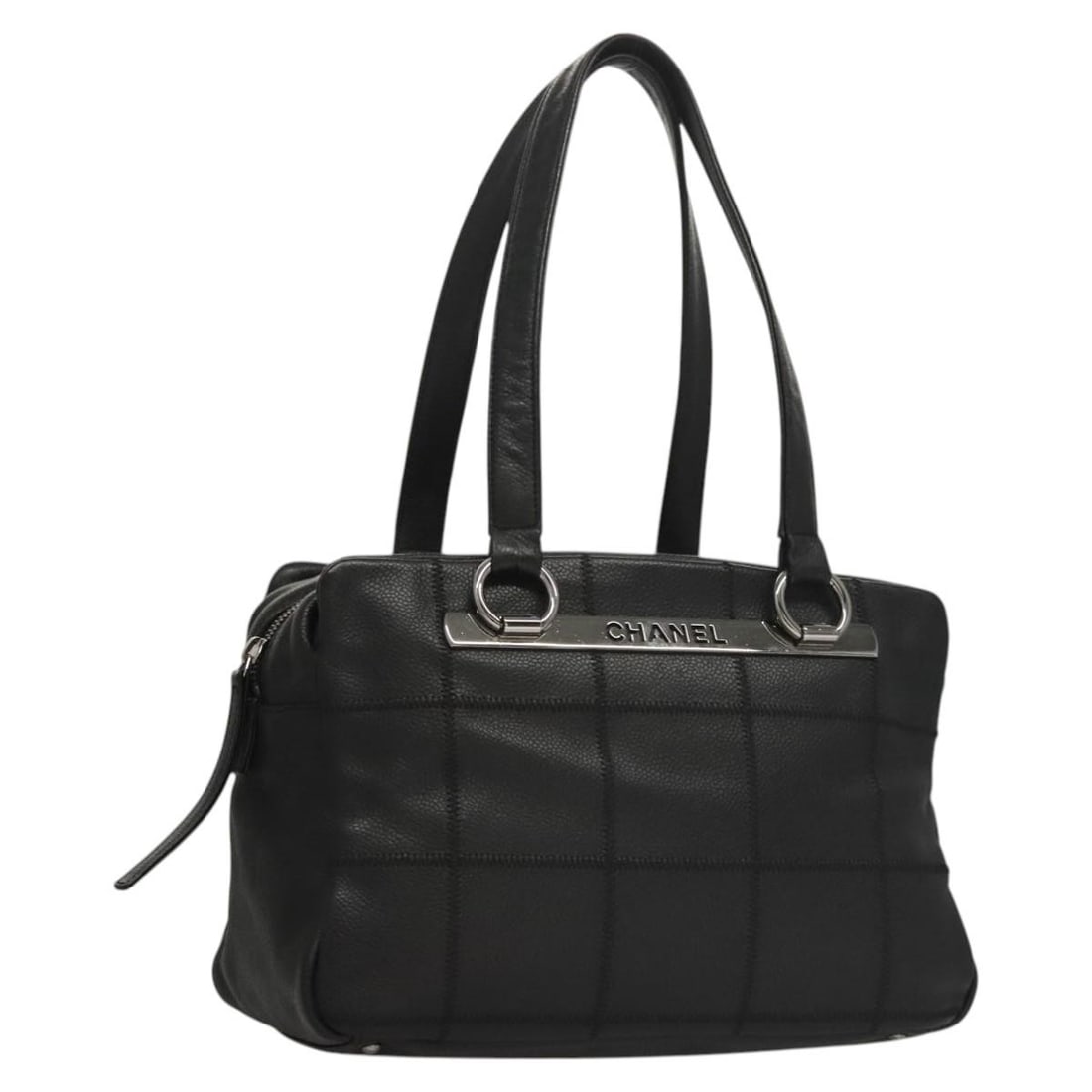 Chanel Choco Bar Shoulder Bag Black Caviar Leather Italy: Chanel Choco Bar Shoulder Bag Black Caviar Leather Italy This CHANEL Choco Bar Line shoulder bag features black caviar skin leather and a classic CC logo. The bag is crafted in Italy and designed with