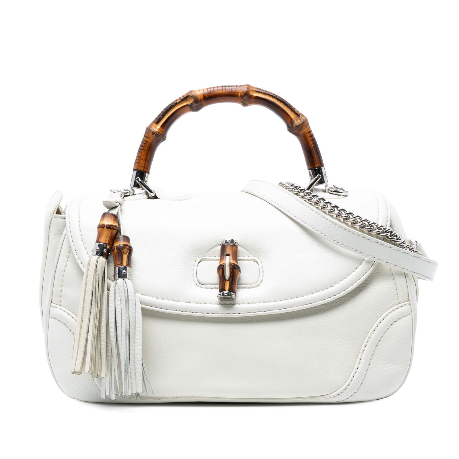Gucci White Leather Satchel with Bamboo Handle and Tassels: Gucci White Leather Satchel with Bamboo Handle and Tassels This Gucci Large Pebbled Calfskin New Bamboo Top Handle Bag features a white leather body with bamboo top handle, leather tassel accents, and