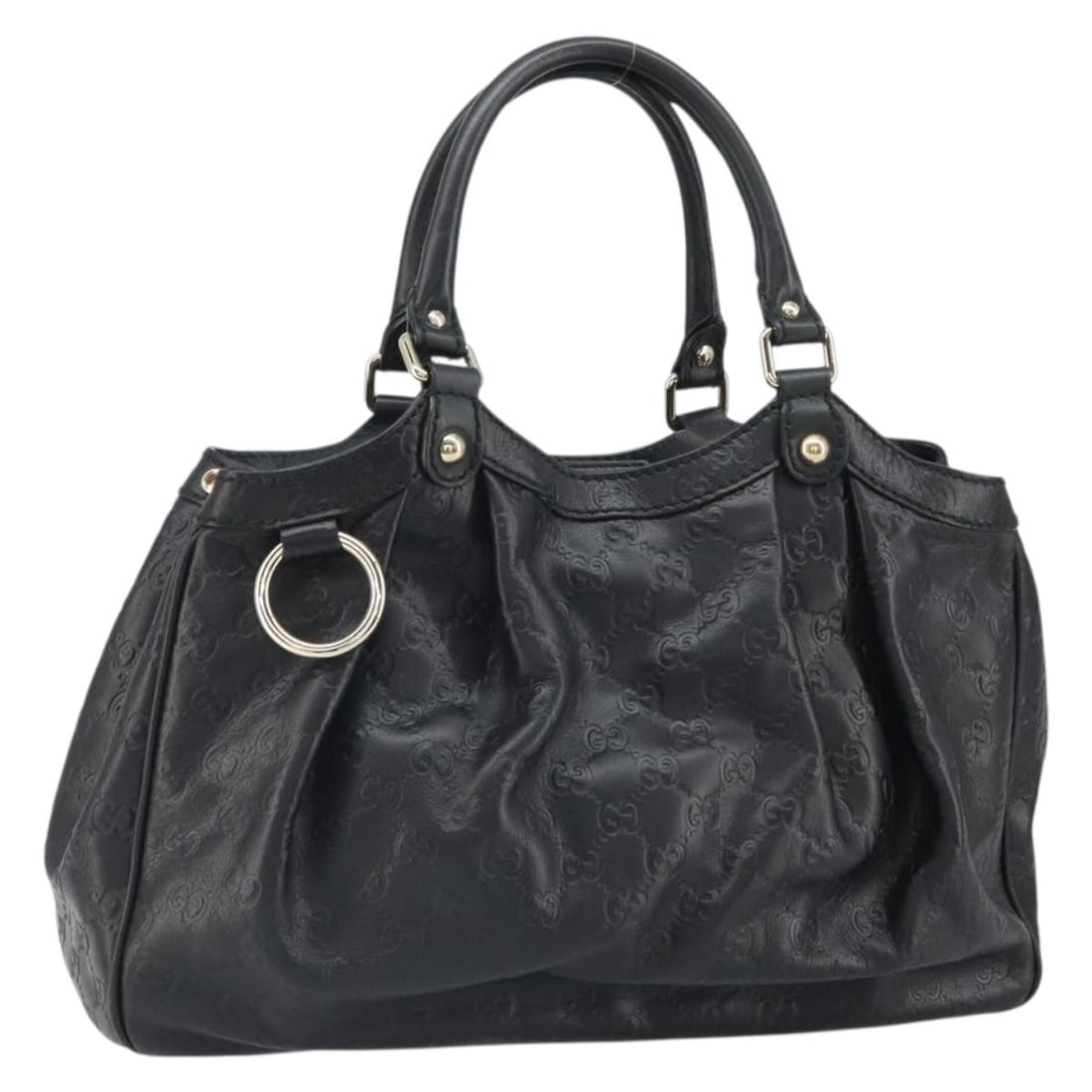 Black GG Canvas Sukey Handbag by Gucci with Silver Accents 211944: Black GG Canvas Sukey Handbag by Gucci with Silver Accents 211944 This is a Gucci Sukey hand bag crafted from black GG Canvas with silver-tone accents. The bag features dual top handles and is designe