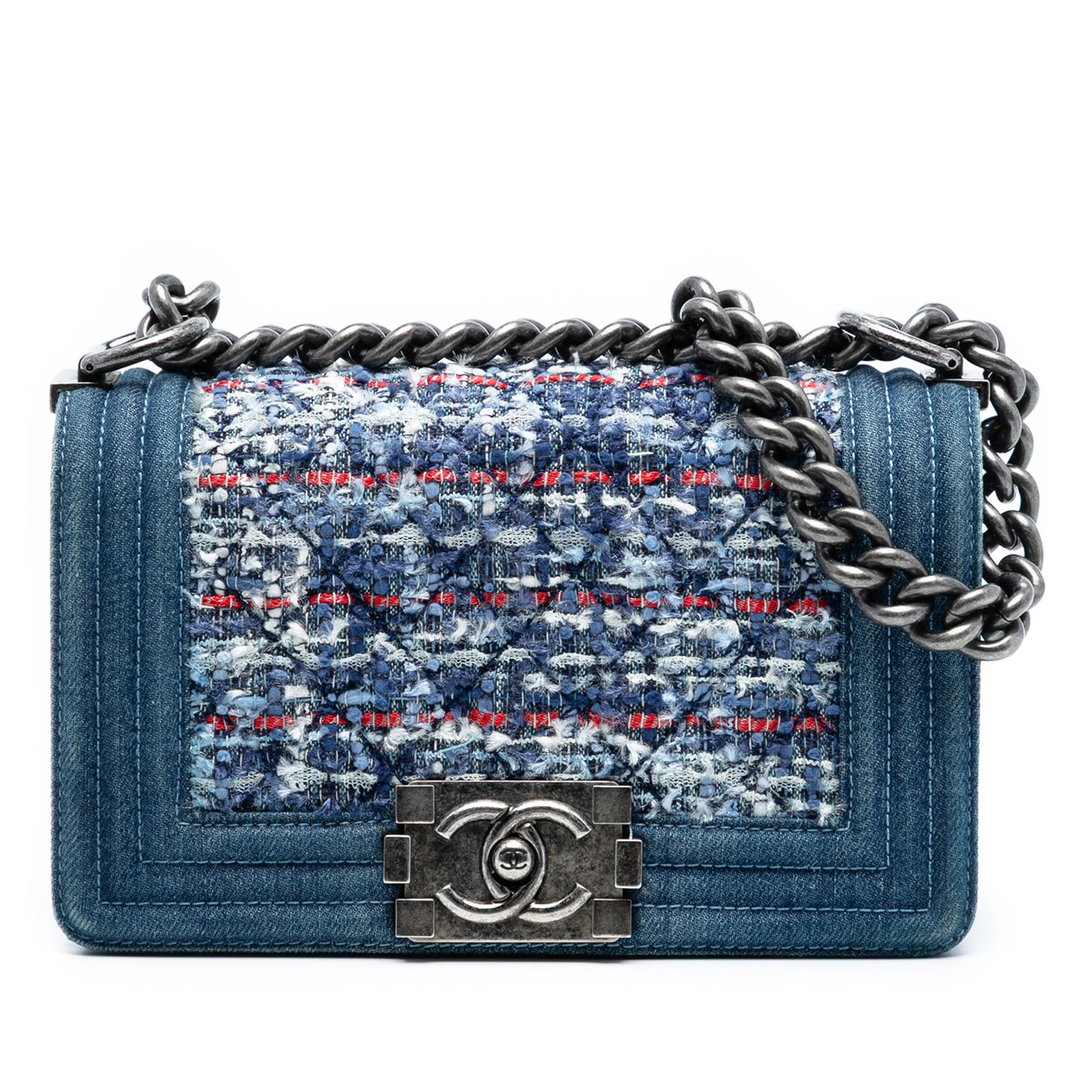 Chanel Boy Small Flap Bag in Quilted Denim and Tweed with Chain Strap: Chanel Boy Small Flap Bag in Quilted Denim and Tweed with Chain Strap This Chanel Small Quilted Boy Flap bag features a stylish combination of tweed and denim in a blue colorway. It is designed with a