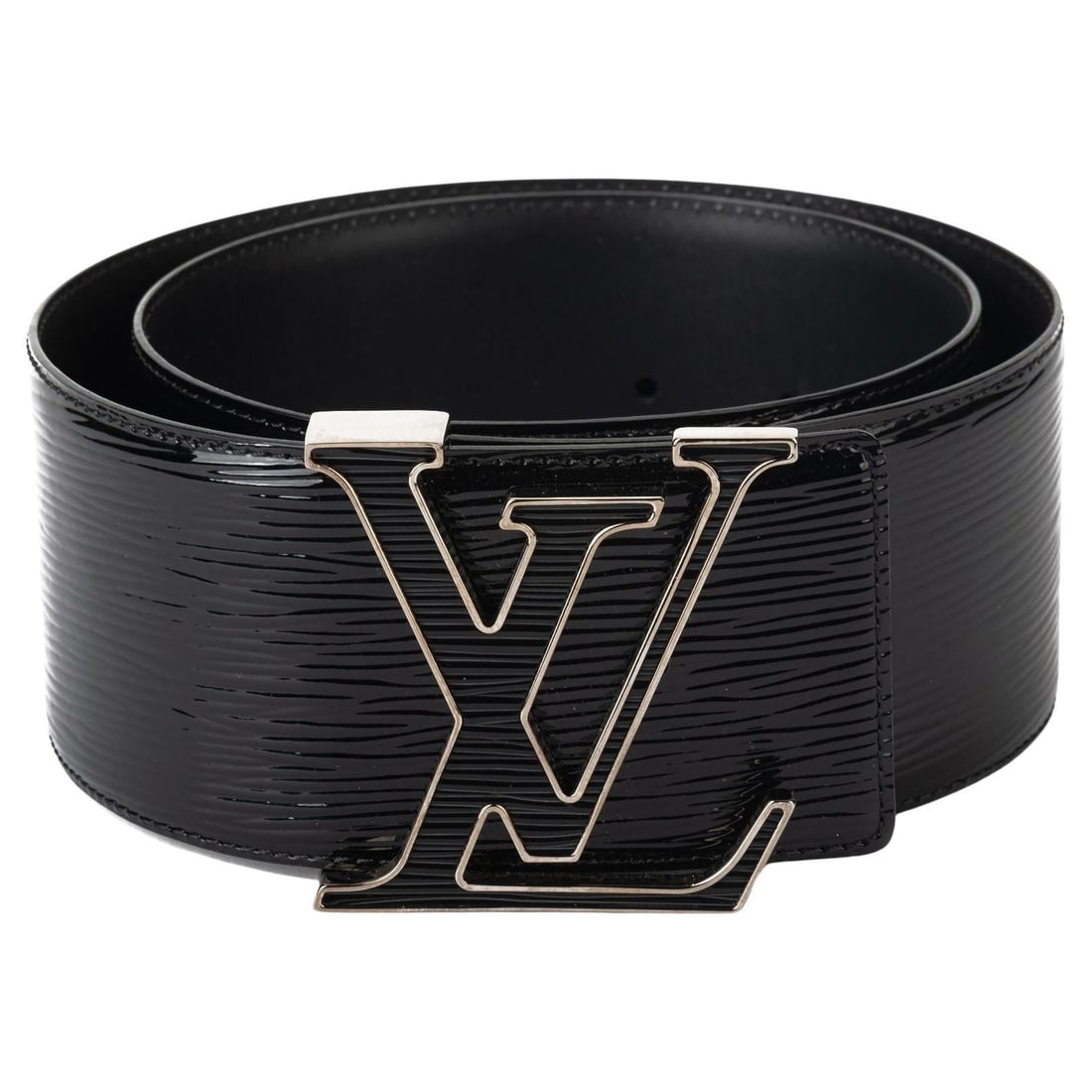 Louis Vuitton Black Patent Epi Wide Belt with Enamel LV Buckle: Louis Vuitton Black Patent Epi Wide Belt with Enamel LV Buckle This exquisite Louis Vuitton wide belt showcases a striking black patent leather finish, perfect for adding a touch of luxury to any outf