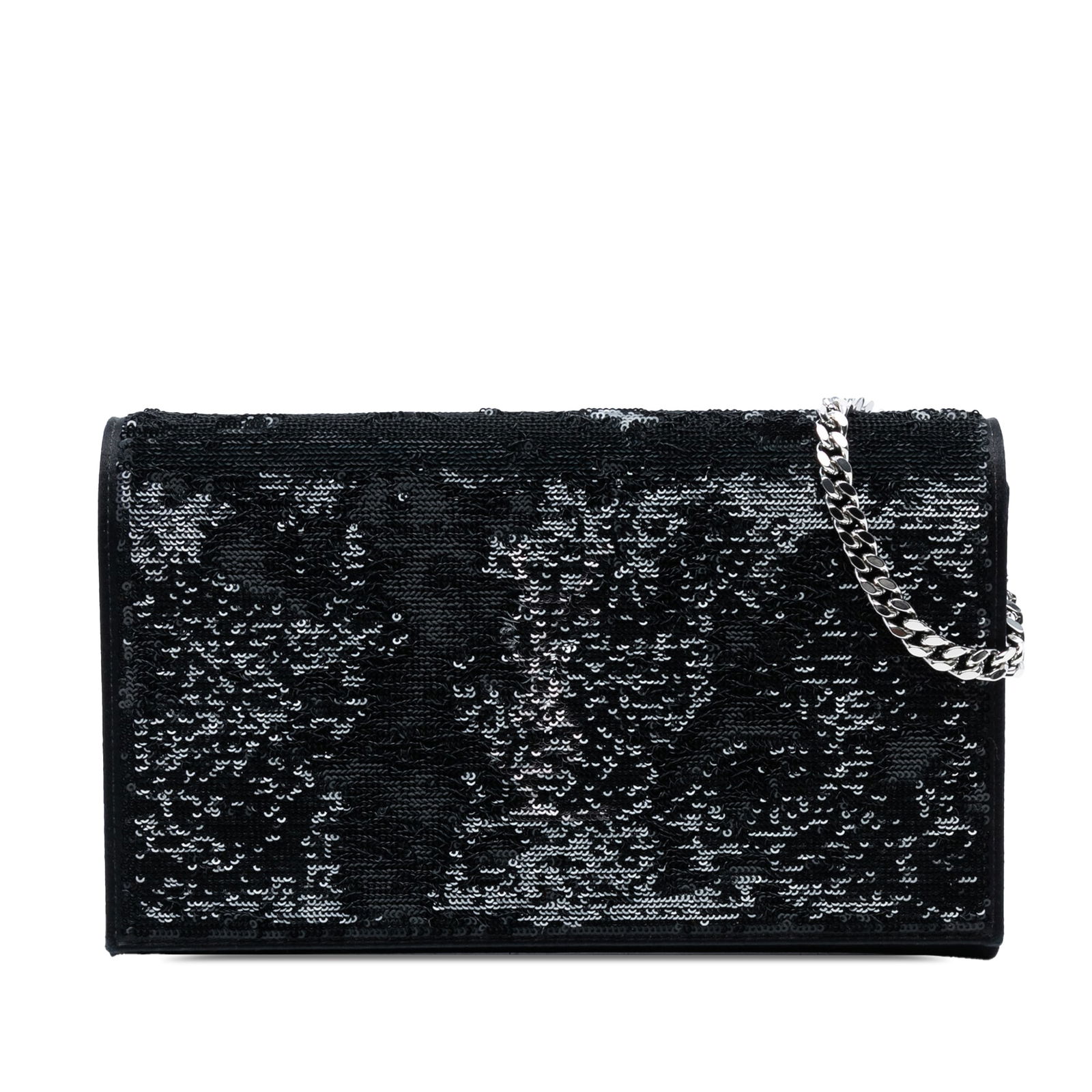 Saint Laurent Black Sequin Monogram Kate Wallet on Chain: Saint Laurent Black Sequin Monogram Kate Wallet on Chain The Saint Laurent Sequin Monogram Kate Wallet on Chain is a stylish accessory crafted from sequin leather. It features a silver-tone chain link