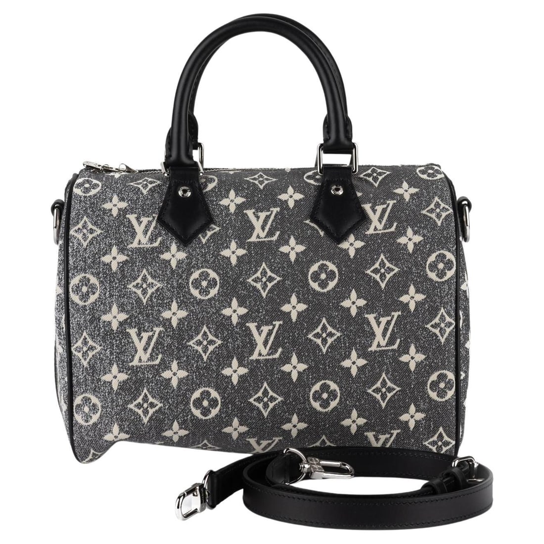 Louis Vuitton Speedy 25 Grey Denim Monogram Handbag with Shoulder Strap: Louis Vuitton Speedy 25 Grey Denim Monogram Handbag with Shoulder Strap Introducing the Louis Vuitton Speedy 25, a stylish handbag crafted from grey denim monogram toile with elegant black cowhide tri