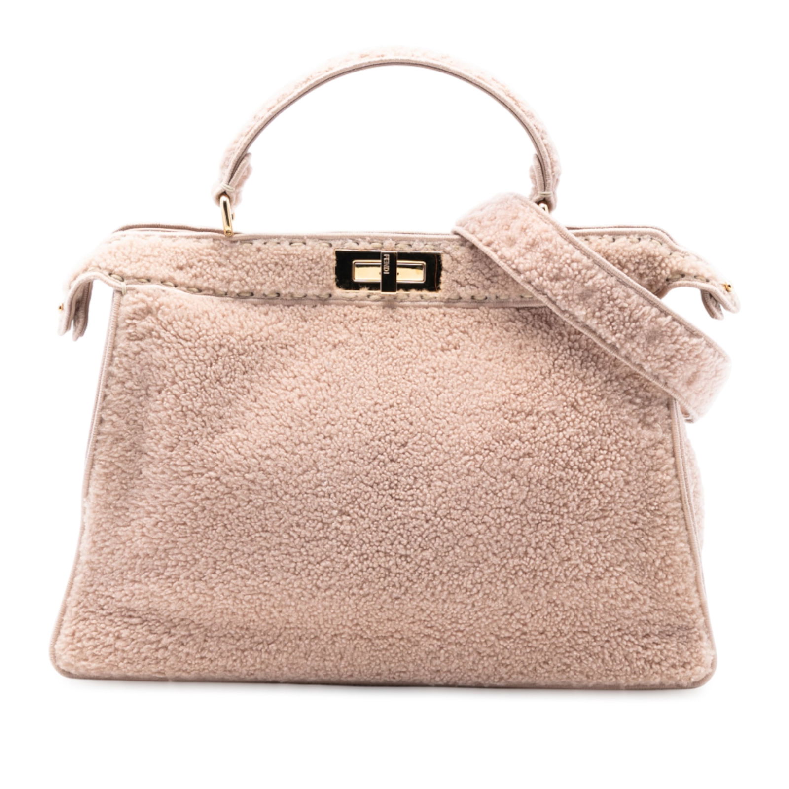 Peekaboo ISeeU satchel in large pink shearling with leather handle by Fendi (1 of 8)
