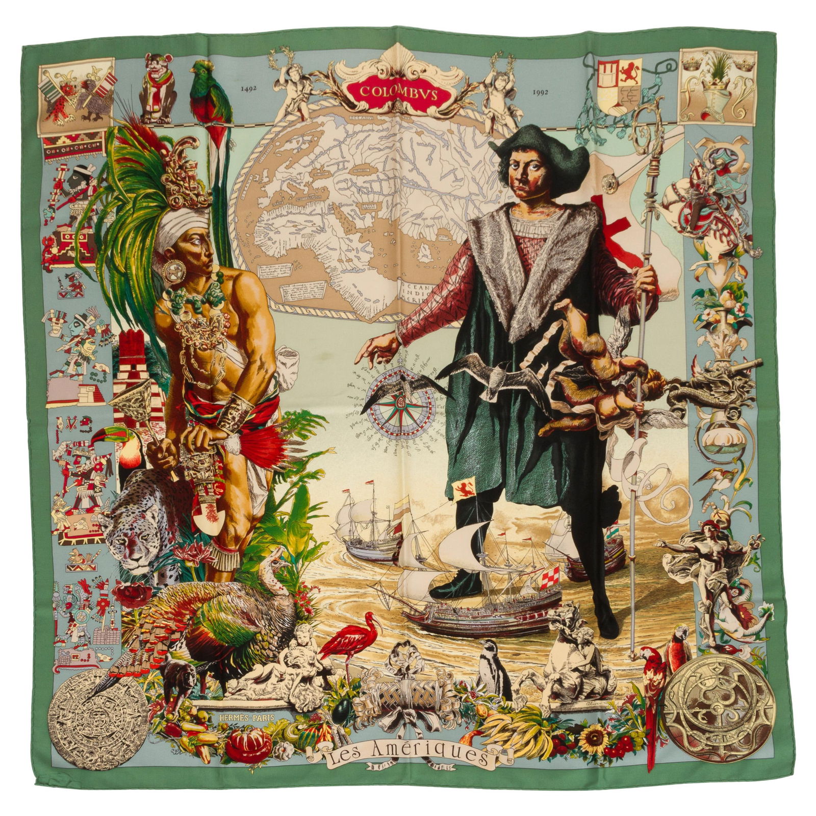 Hermes Les Ameriques Silk Scarf by Kermit Oliver 35 in: Hermes Les Ameriques Silk Scarf by Kermit Oliver 35 in This exquisite collectible silk scarf from Hermes features the stunning Les Ameriques design by renowned artist Kermit Oliver. Crafted from luxur