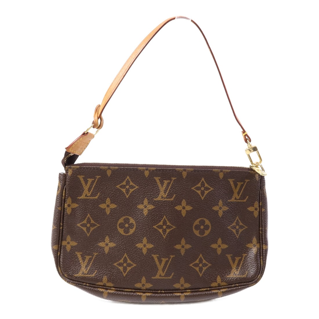 Louis Vuitton Monogram Pochette Accessories Shoulder Bag with Gold Hardware: Louis Vuitton Monogram Pochette Accessories Shoulder Bag with Gold Hardware This Louis Vuitton Pochette Accessories shoulder bag features the iconic Monogram pattern in brown on PVC coated canvas. It