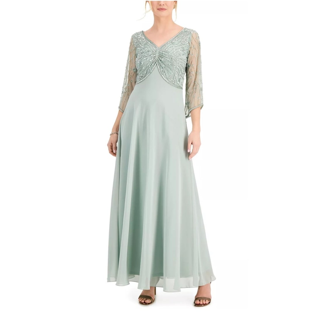J KARA Mint Beaded Long Sleeve Ruched Ball Gown Size 14 (1 of 6)