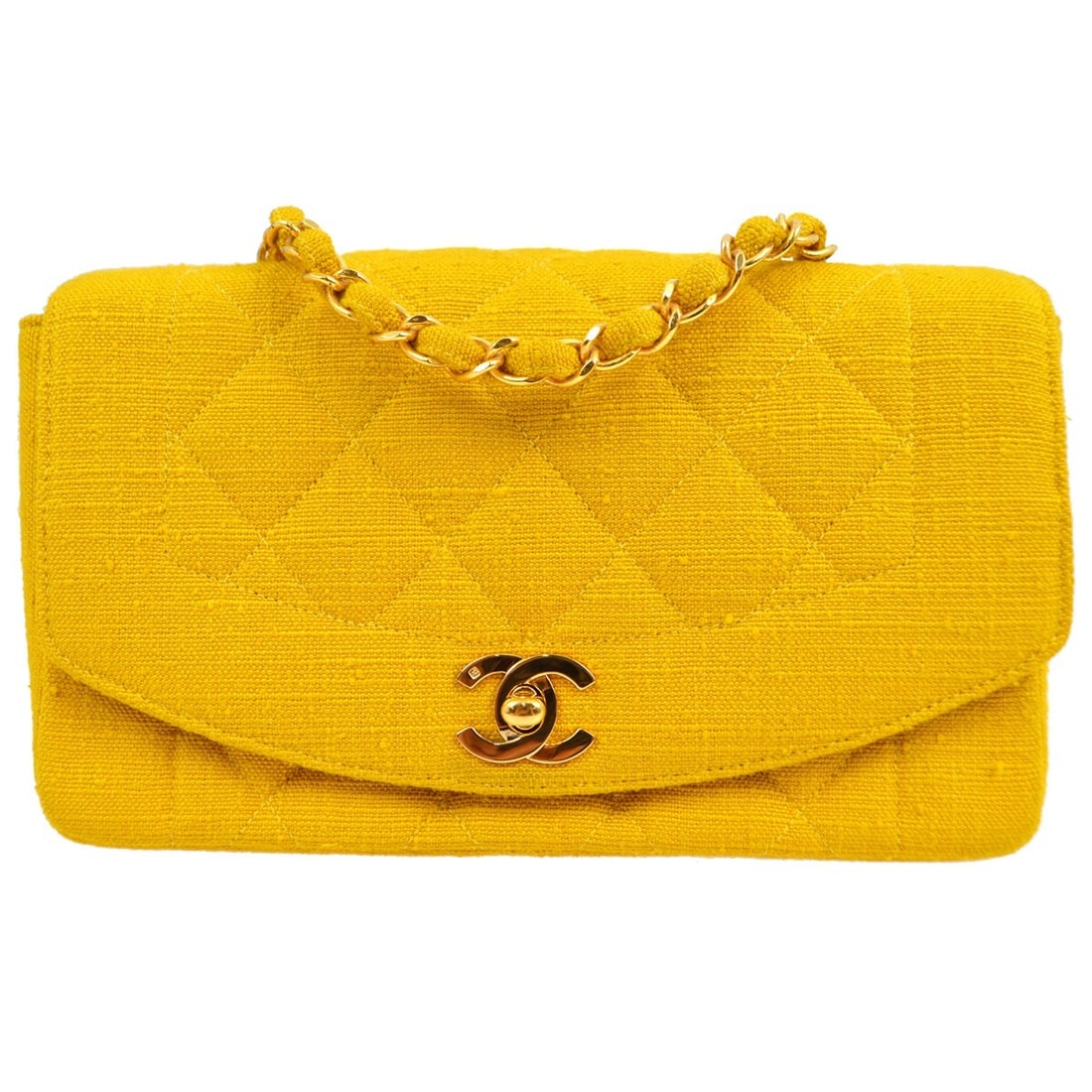 Chanel Vintage Yellow Linen Small Diana Shoulder Bag Gold Hardware: Chanel Vintage Yellow Linen Small Diana Shoulder Bag Gold Hardware Introducing the Chanel Yellow Linen Small Diana Shoulder Bag, a chic accessory perfect for casual occasions. This vintage piece featu