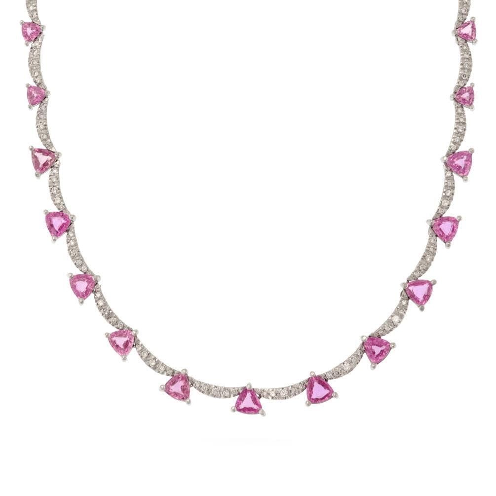 14.55ct Pink Sapphire Diamond Necklace in 18k White Gold Estate: 14.55ct Pink Sapphire Diamond Necklace in 18k White Gold Estate This exquisite estate necklace is designed in 18k white gold, showcasing a stunning arrangement of full circle short curved bars adorned