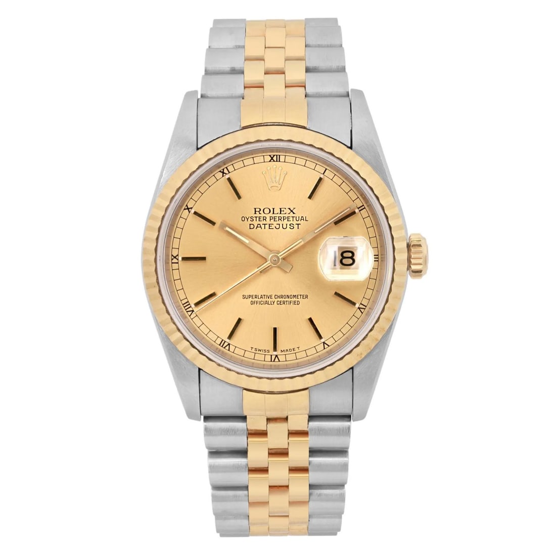 Men's 36mm Datejust Steel and 18k Yellow Gold Watch Champagne Dial Ref 16233: Men's 36mm Datejust Steel and 18k Yellow Gold Watch Champagne Dial Ref 16233 This Rolex Datejust men's wristwatch features a 36mm polished stainless steel case with an 18k yellow gold fluted fixed bez