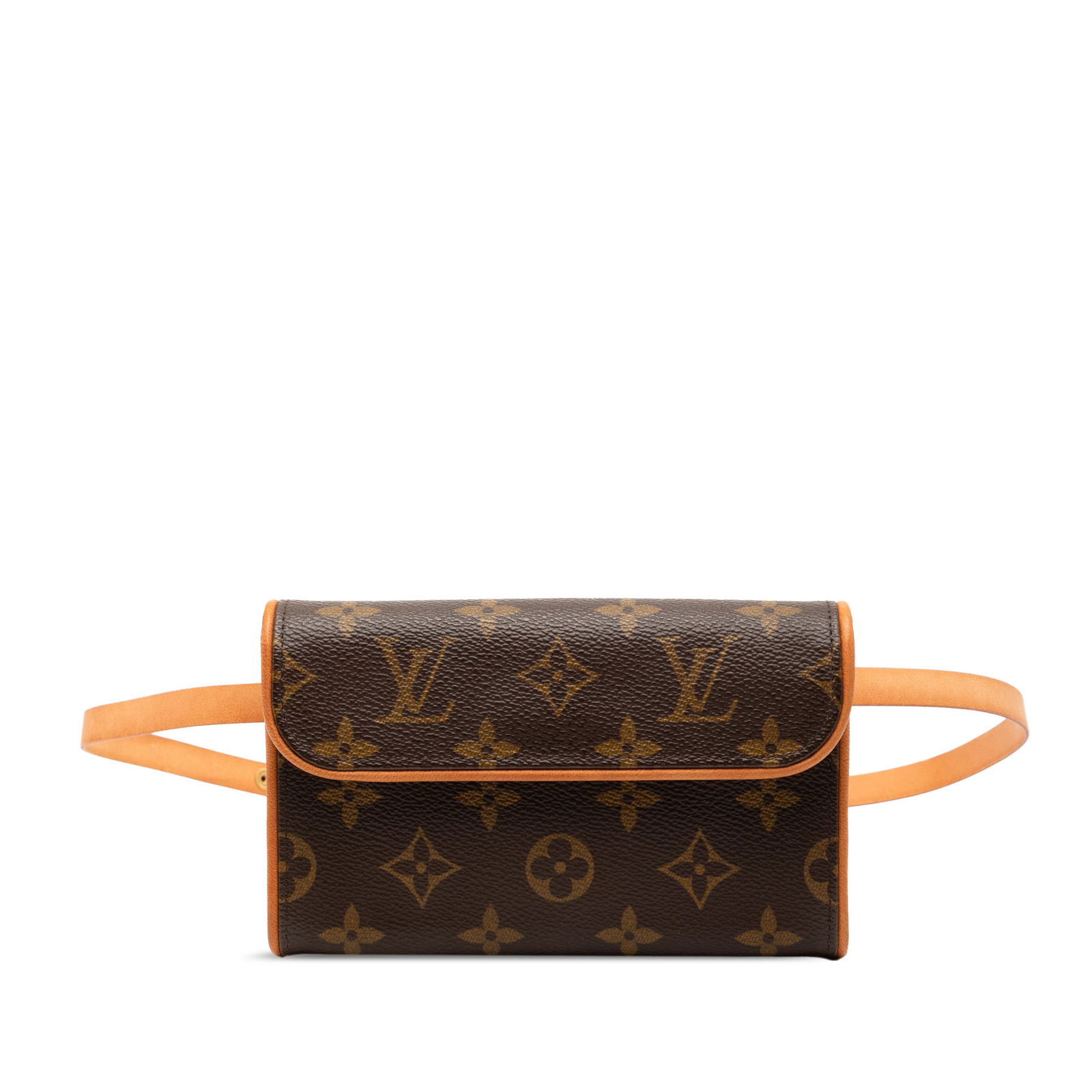 Louis Vuitton Florentine Monogram Canvas Bag with Leather Strap: Louis Vuitton Florentine Monogram Canvas Bag with Leather Strap The Louis Vuitton Monogram Pochette Florentine features a brown monogram canvas body with a flat vachetta leather strap and a front flap