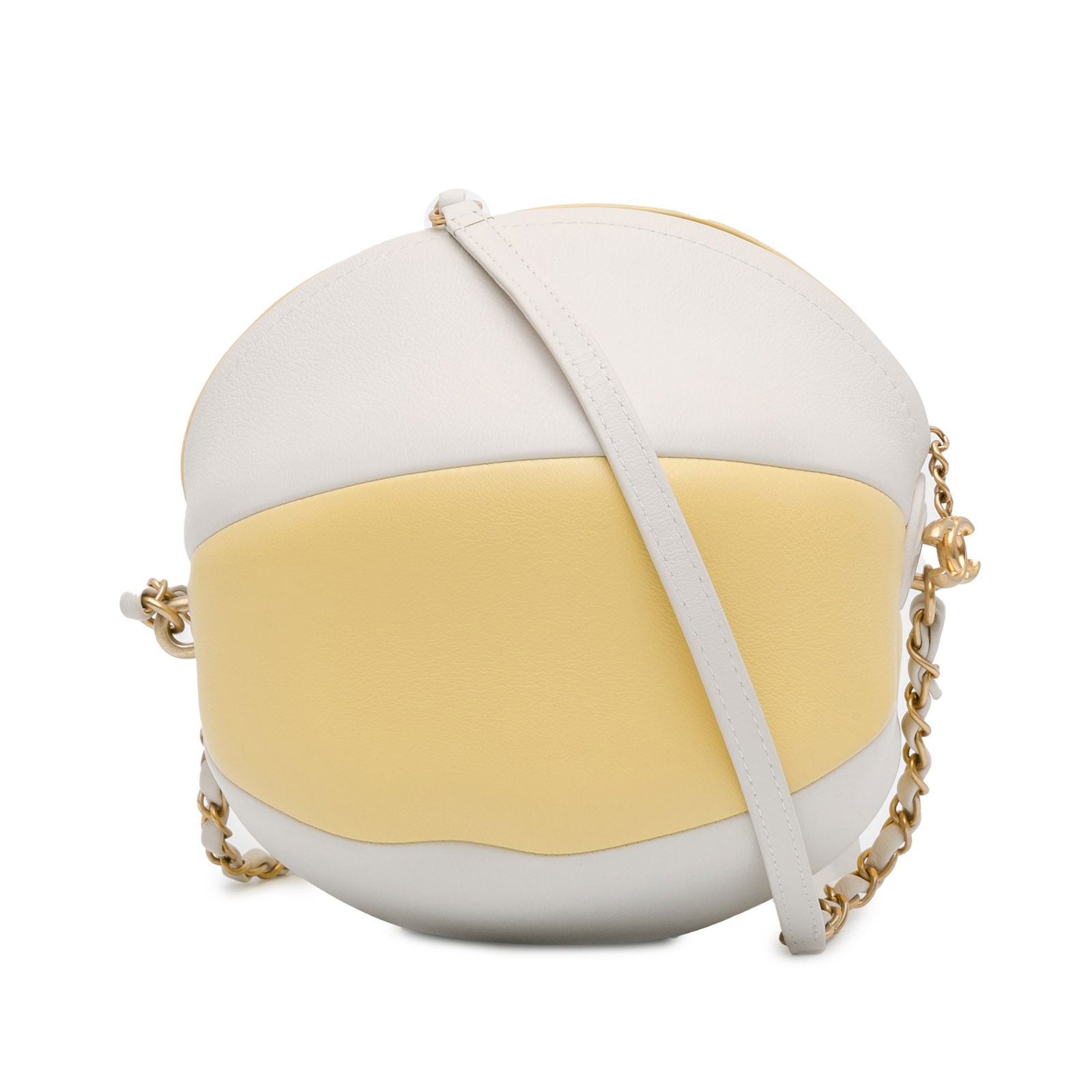 Chanel Calfskin Coco Beach Ball Bag Yellow Leather Shoulder Bag: Chanel Calfskin Coco Beach Ball Bag Yellow Leather Shoulder Bag The Chanel Calfskin Coco Beach Ball Bag is a stylish shoulder bag crafted from high-quality leather. It features a leather body accented