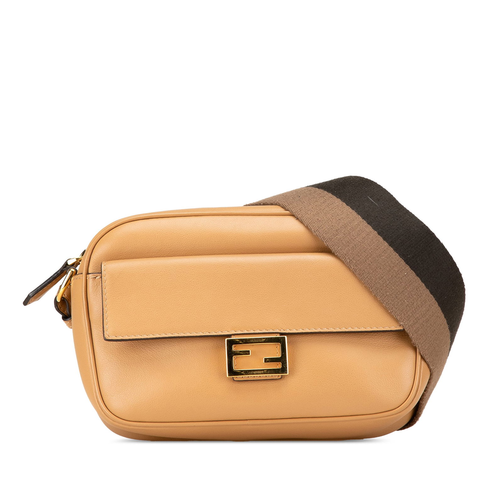 Fendi Leather Baguette Camera Bag Brown Crossbody with Canvas Strap: Fendi Leather Baguette Camera Bag Brown Crossbody with Canvas Strap Introducing the Fendi Leather Baguette Camera Bag, a stylish crossbody bag crafted from premium leather. This chic accessory feature