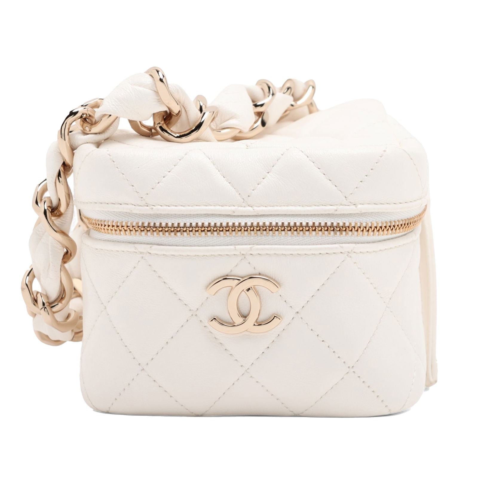 Chanel Quilted Lambskin Cube Chain Wristlet Bag White: Chanel Quilted Lambskin Cube Chain Wristlet Bag White Introducing the Chanel Quilted Lambskin Cube Chain Wristlet Case, a luxurious vanity bag crafted from premium quilted lambskin leather. This elega