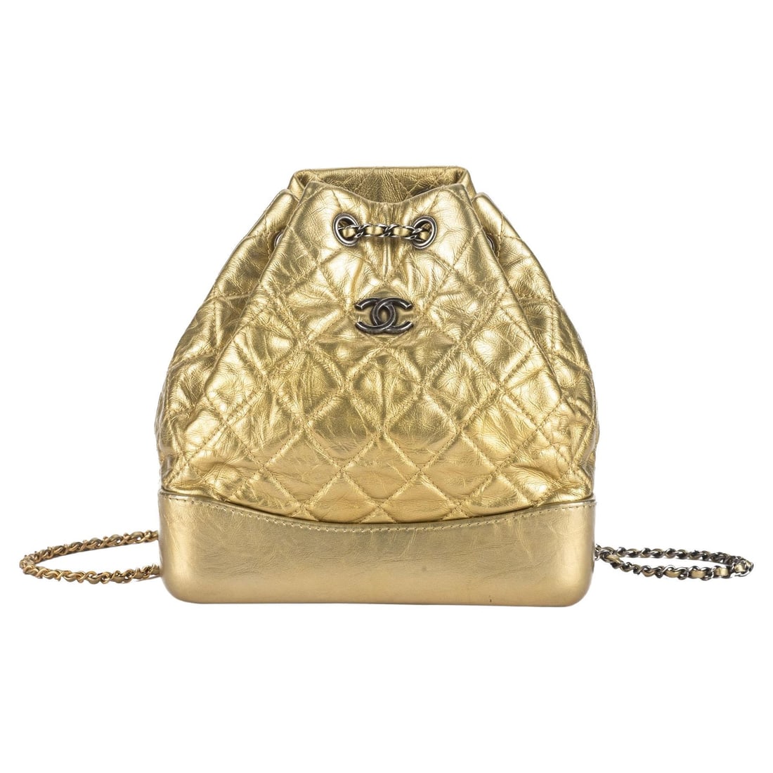 Chanel Gabrielle Gold Backpack Aged Calfskin with CC Logo: Chanel Gabrielle Gold Backpack Aged Calfskin with CC Logo Discover the elegance of the Chanel Gabrielle Gold Backpack, a stylish accessory crafted from luxurious diamond quilted aged calfskin leather.