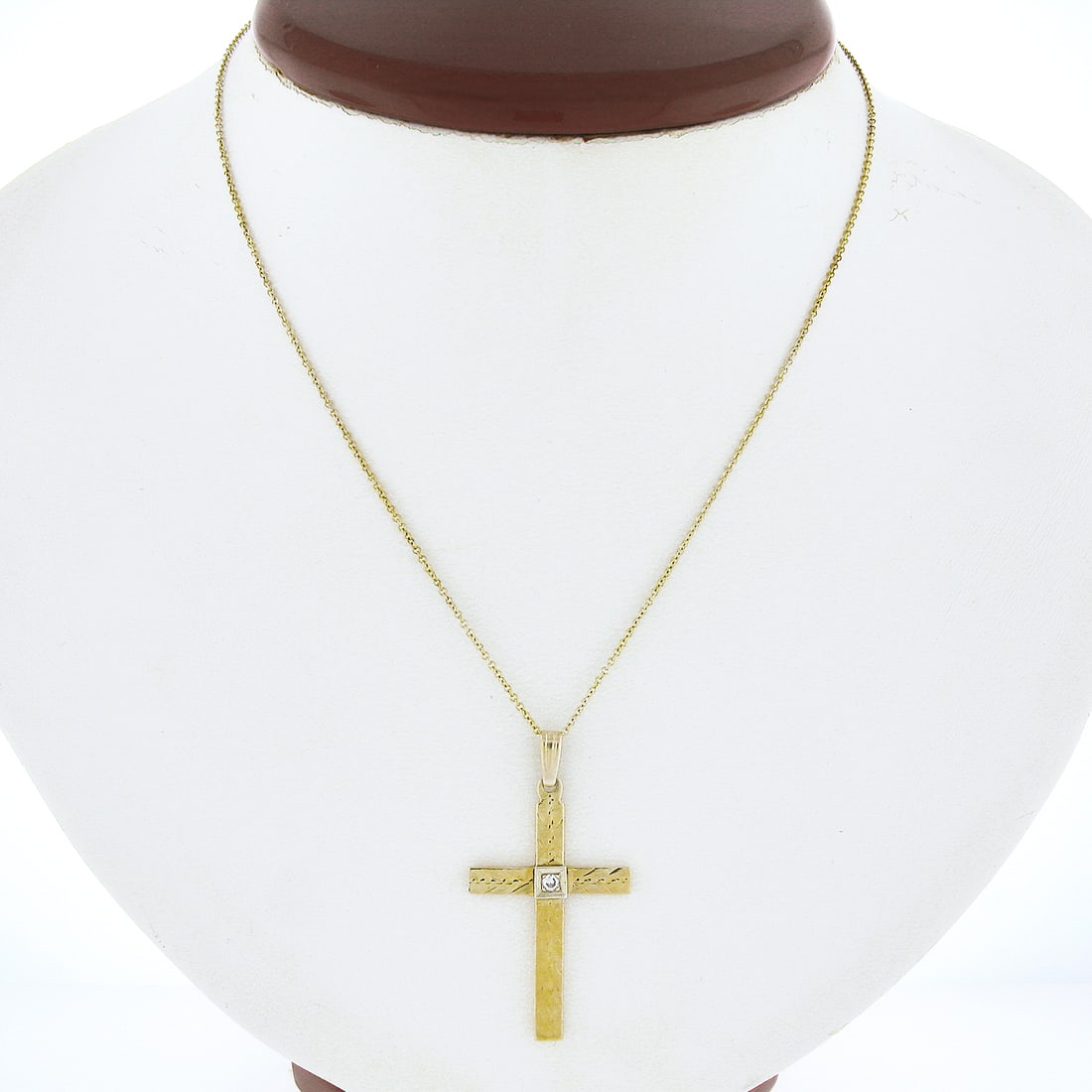 Vintage 14K Yellow Gold Hand Engraved Cross Pendant with Pave Diamond and Adjustable Chain (1 of 6)