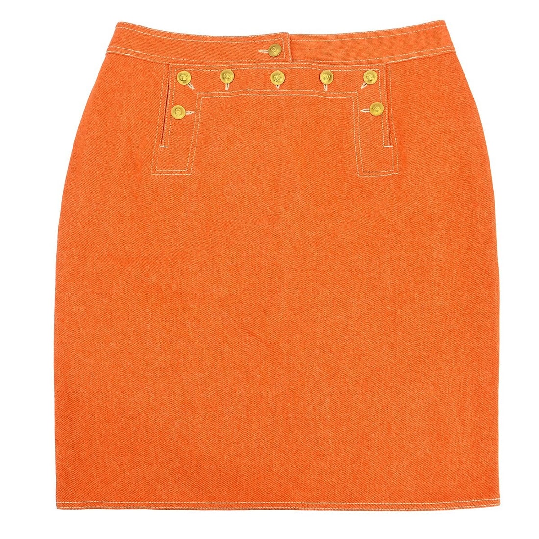 Chanel Vintage Orange Denim Skirt Size 44 with Logo Accents: Chanel Vintage Orange Denim Skirt Size 44 with Logo Accents Elevate your wardrobe with this vintage Chanel denim skirt in a vibrant orange hue. Designed for regular fit, the skirt features a classic b