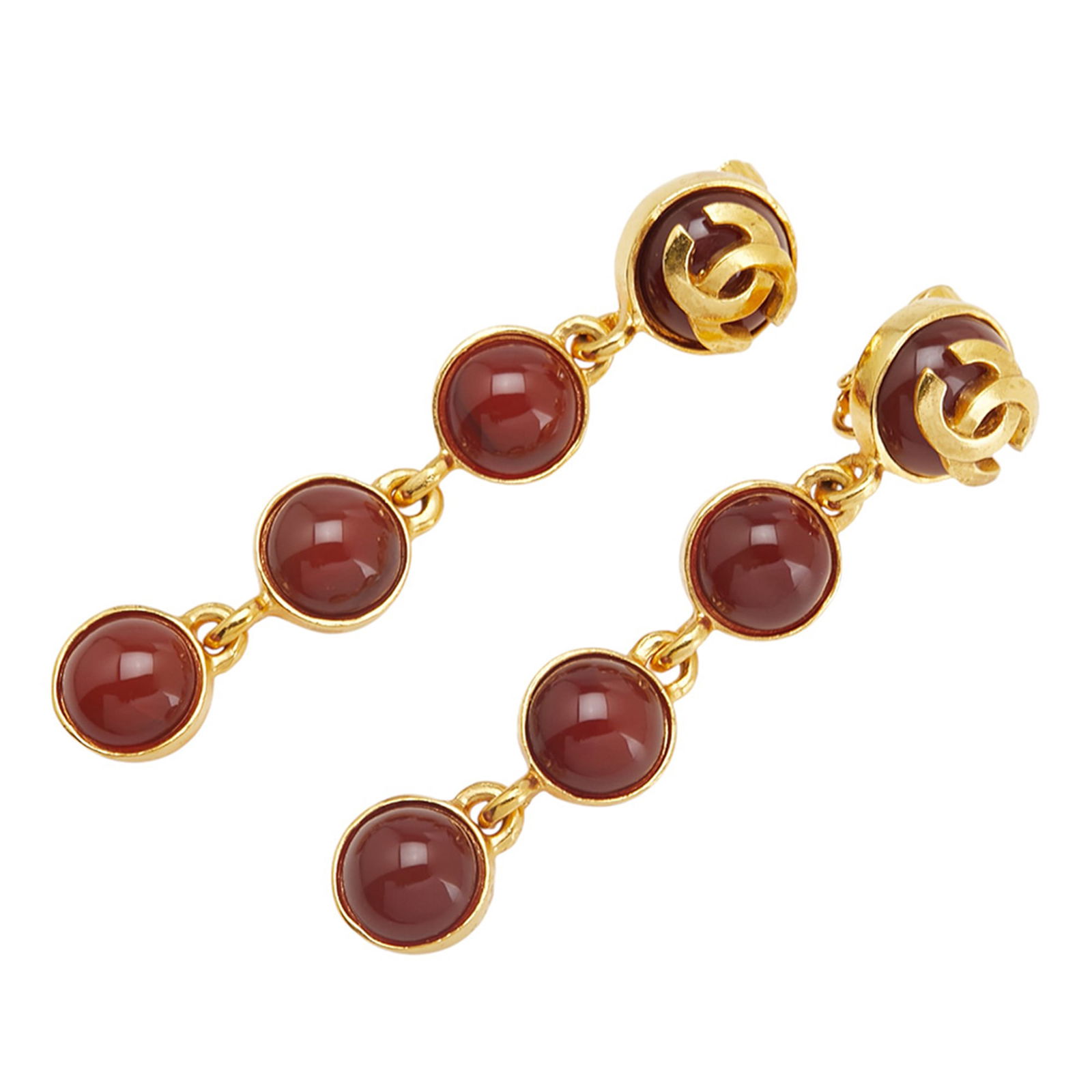 Chanel Gold Plated CC Gripoix Clip On Earrings: Chanel Gold Plated CC Gripoix Clip On Earrings Elevate your accessory collection with these exquisite Chanel Gold Plated CC Gripoix Drop Clip On Earrings. Crafted with a gold-plated metal body, these