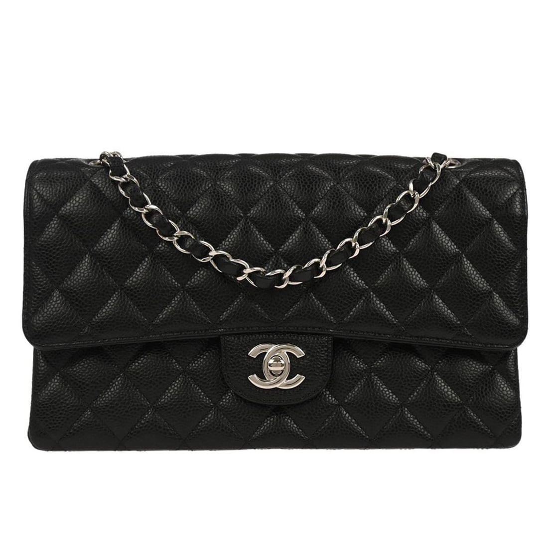 Medium Classic Double Flap Shoulder Bag in Black Caviar Leather by Chanel: Medium Classic Double Flap Shoulder Bag in Black Caviar Leather by Chanel This Chanel Medium Classic Double Flap shoulder bag is crafted from black caviar skin leather with a matelasse pattern. It fea