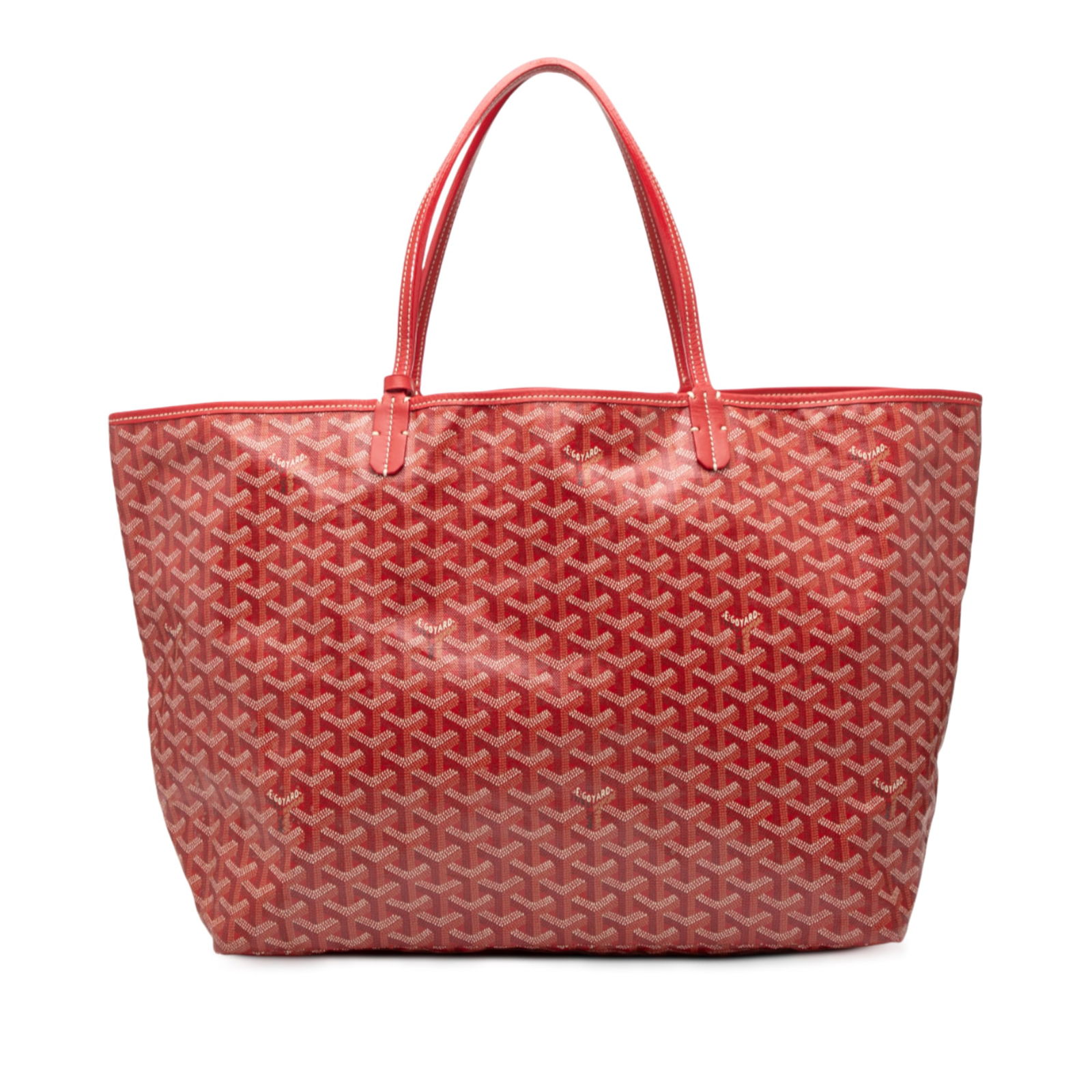 Red Goyard Saint Louis GM Tote Bag with Pouch: Red Goyard Saint Louis GM Tote Bag with Pouch This Goyardine Saint Louis GM features a coated canvas body with leather trim, flat leather straps, an open top, and includes a flap pouch. The bag is pre