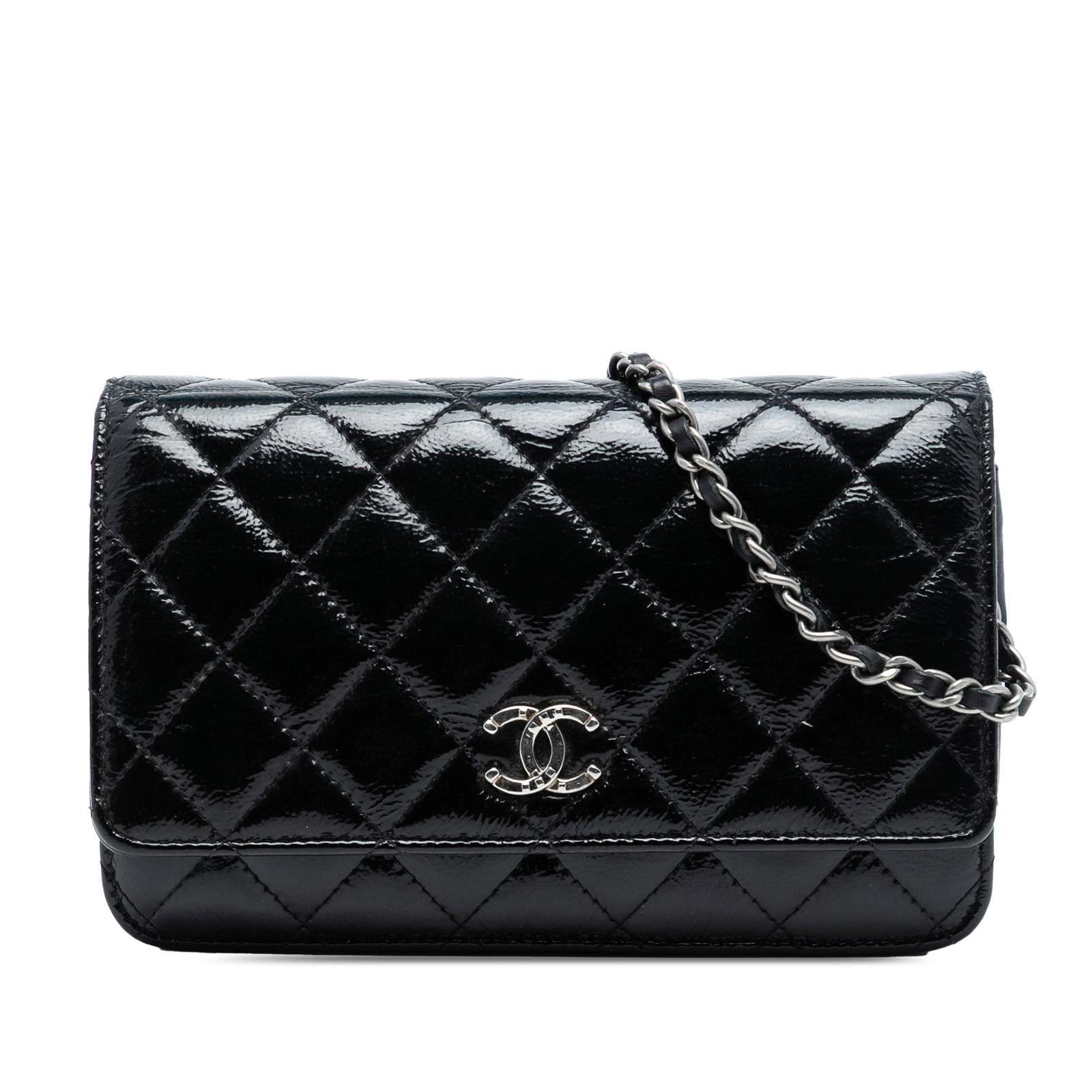 Black Patent Leather Chanel Wallet on Chain with Quilted CC and Strap: Black Patent Leather Chanel Wallet on Chain with Quilted CC and Strap This Chanel CC Quilted Patent Wallet On Chain features a black quilted patent leather body with a leather-woven chain strap and a