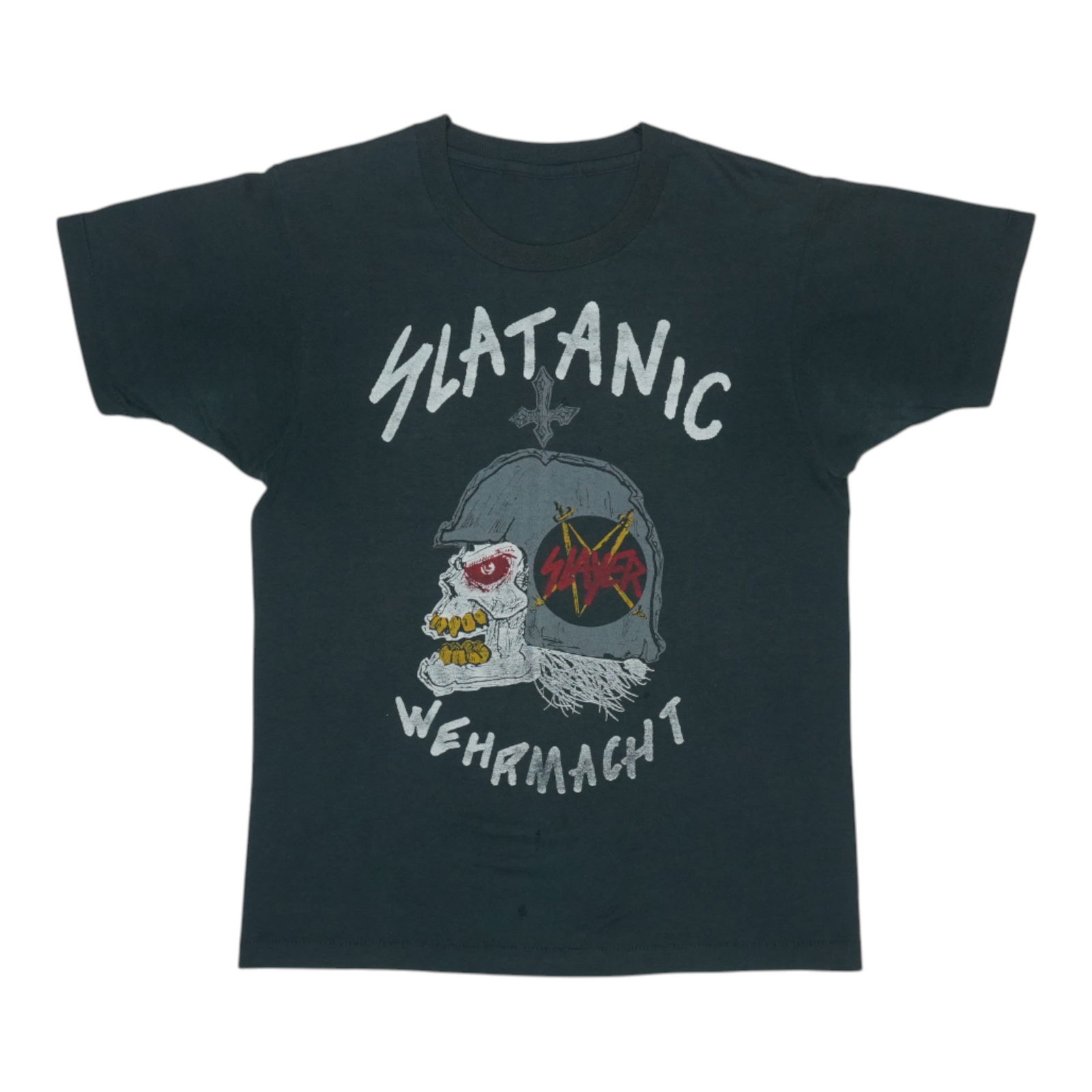 Vintage 1985 Slatanic World Tour Poly Cotton Slayer Band Shirt: Vintage 1985 Slatanic World Tour Poly Cotton Slayer Band Shirt This is an original vintage 1985 Slayer Slatanic World Tour shirt, featuring front and back graphics. The shirt is made from a 50/50 poly