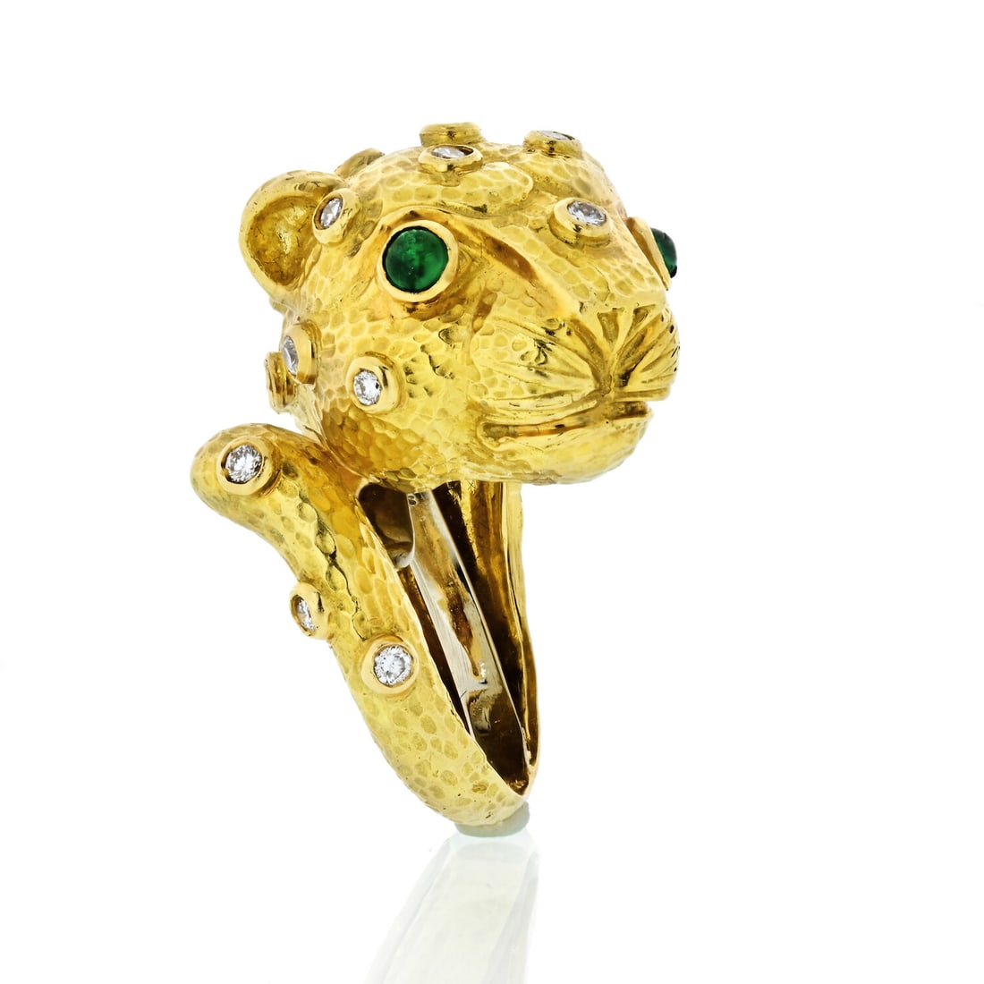 David Webb 18K Yellow Gold Lion Ring with Diamond and Emerald (1 of 6)