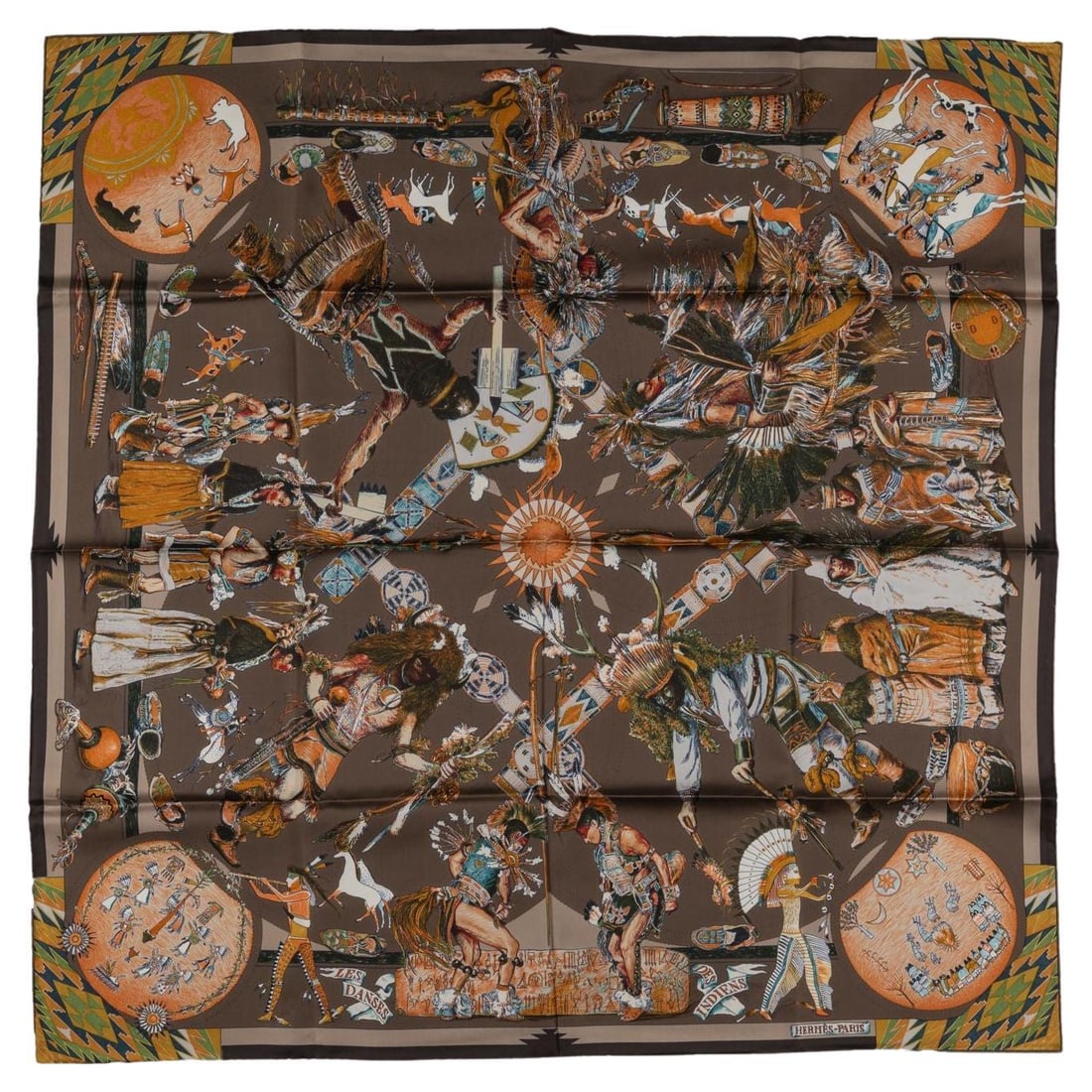Hermes Les Danses Des Indiens Scarf by Kermit Oliver 35in France: Hermes Les Danses Des Indiens Scarf by Kermit Oliver 35in France This exquisite Hermes scarf, titled "Les Danses Des Indiens," showcases the vibrant ritual dances of various Indian tribes. Designed by