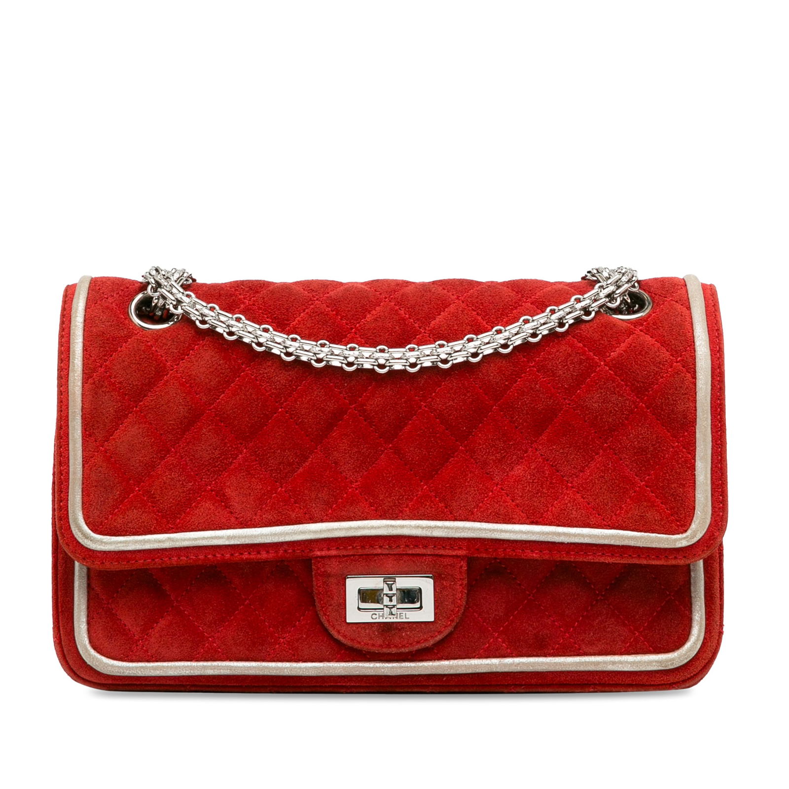 Chanel Medium Suede Re-issue 2.55 Double Flap Red Bag: Chanel Medium Suede Re-issue 2.55 Double Flap Red Bag This stunning Chanel Medium Suede Re-issue 2.55 Double Flap shoulder bag showcases a luxurious quilted suede leather body complemented by metallic