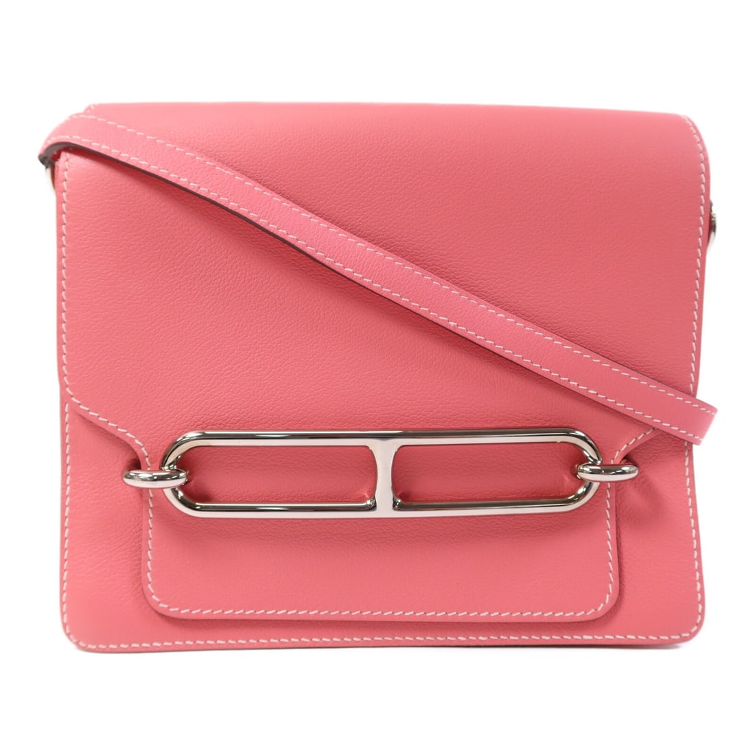 Roulis 23 Pink Evercolor Calfskin Shoulder Bag with Palladium Hardware: Roulis 23 Pink Evercolor Calfskin Shoulder Bag with Palladium Hardware This Hermes Roulis 23 shoulder bag features Evercolor calfskin leather in a vibrant Rose Azalee pink. The bag is designed with a