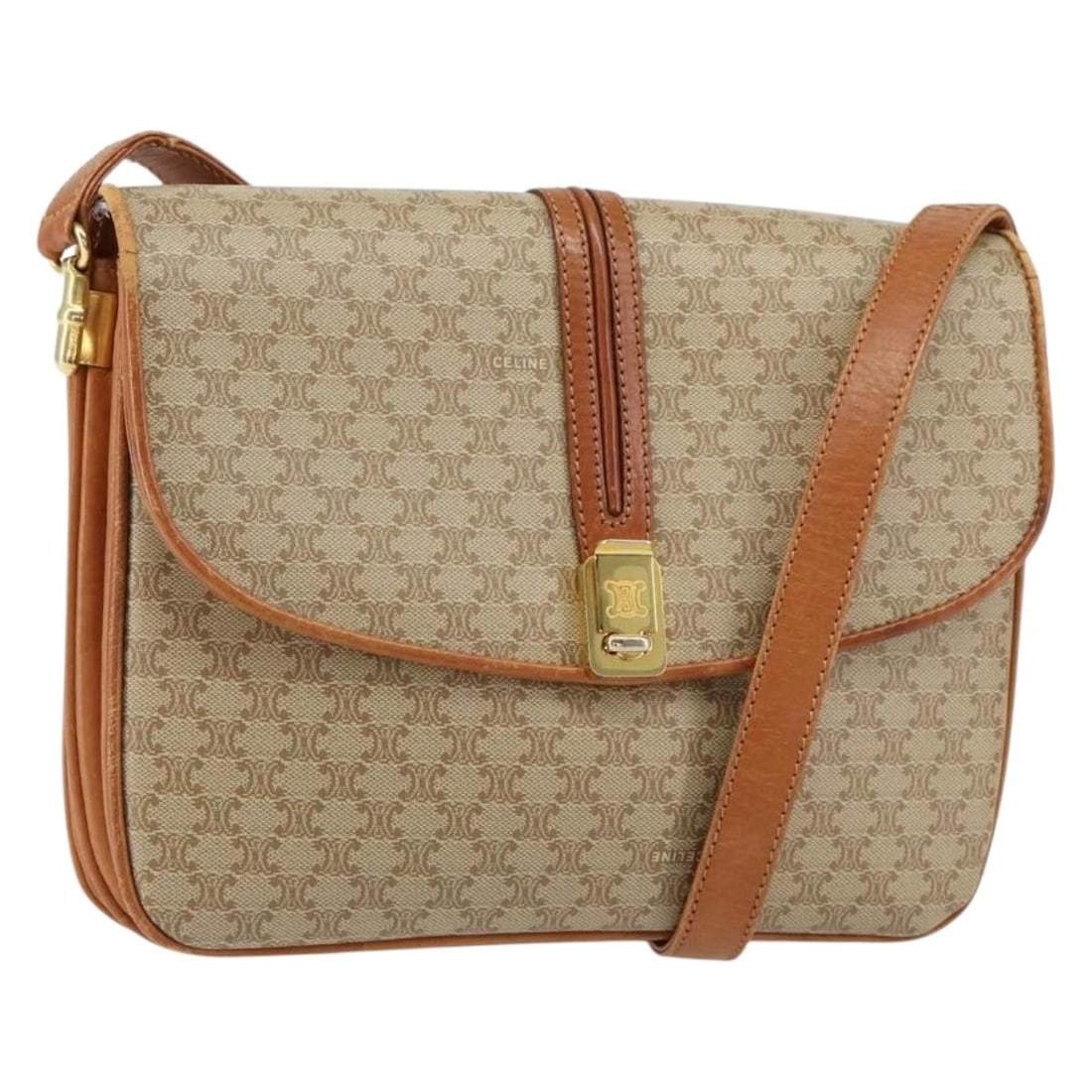 CELINE Macadam Canvas Beige Gold Shoulder Bag PVC Leather Italy: CELINE Macadam Canvas Beige Gold Shoulder Bag PVC Leather Italy This authentic CELINE Macadam Canvas Shoulder Bag combines elegance and functionality with its chic beige and gold design. Crafted from