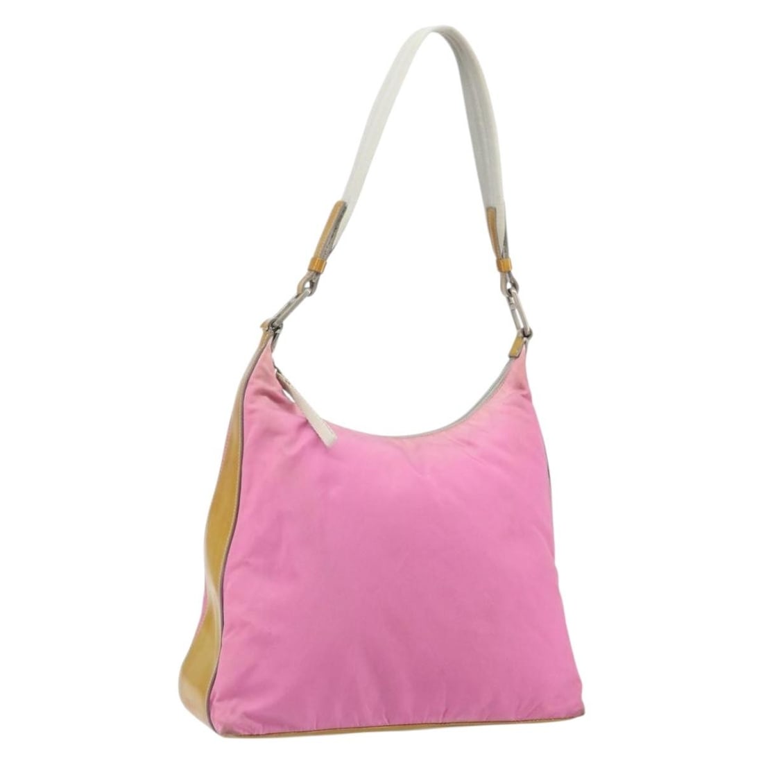 Pink Nylon Prada Shoulder Bag with Silver Accents: Pink Nylon Prada Shoulder Bag with Silver Accents This PRADA shoulder bag features a pink and silver nylon exterior with silver-tone hardware. Made in Italy, the bag offers a spacious interior and a c