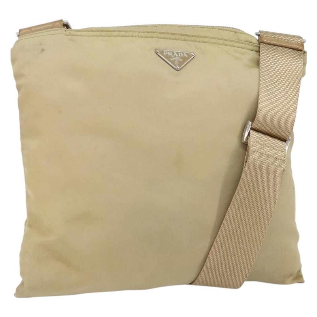 PRADA Beige Silver Nylon Shoulder Bag Authentic 152076: PRADA Beige Silver Nylon Shoulder Bag Authentic 152076 This authentic PRADA shoulder bag combines style and functionality with its durable nylon exterior in a chic beige and silver color scheme. Desig