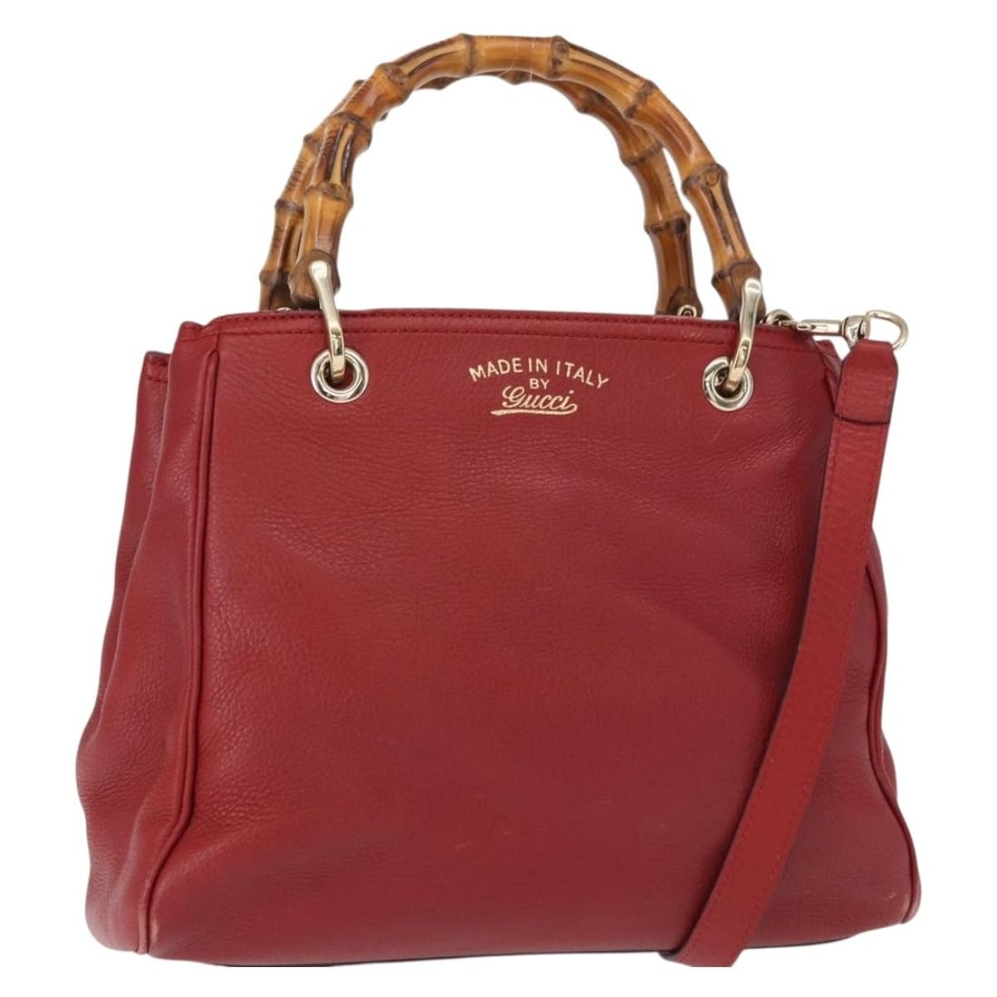 GUCCI Bamboo Hand Bag Leather Red Gold 336032 Authentic: GUCCI Bamboo Hand Bag Leather Red Gold 336032 Authentic This GUCCI Bamboo Hand Bag is a stunning blend of style and functionality. Crafted in Italy from high-quality leather, it showcases a vibrant re