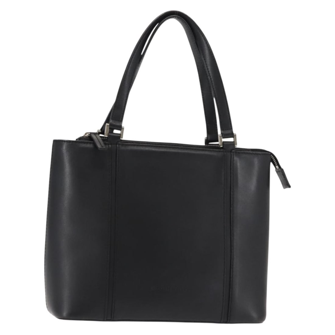 BURBERRY Black Leather Hand Bag with Silver Accents Auth AM9355: BURBERRY Black Leather Hand Bag with Silver Accents Auth AM9355 This BURBERRY hand bag showcases a classic design crafted from high-quality leather in a striking black and silver color scheme. Measuri