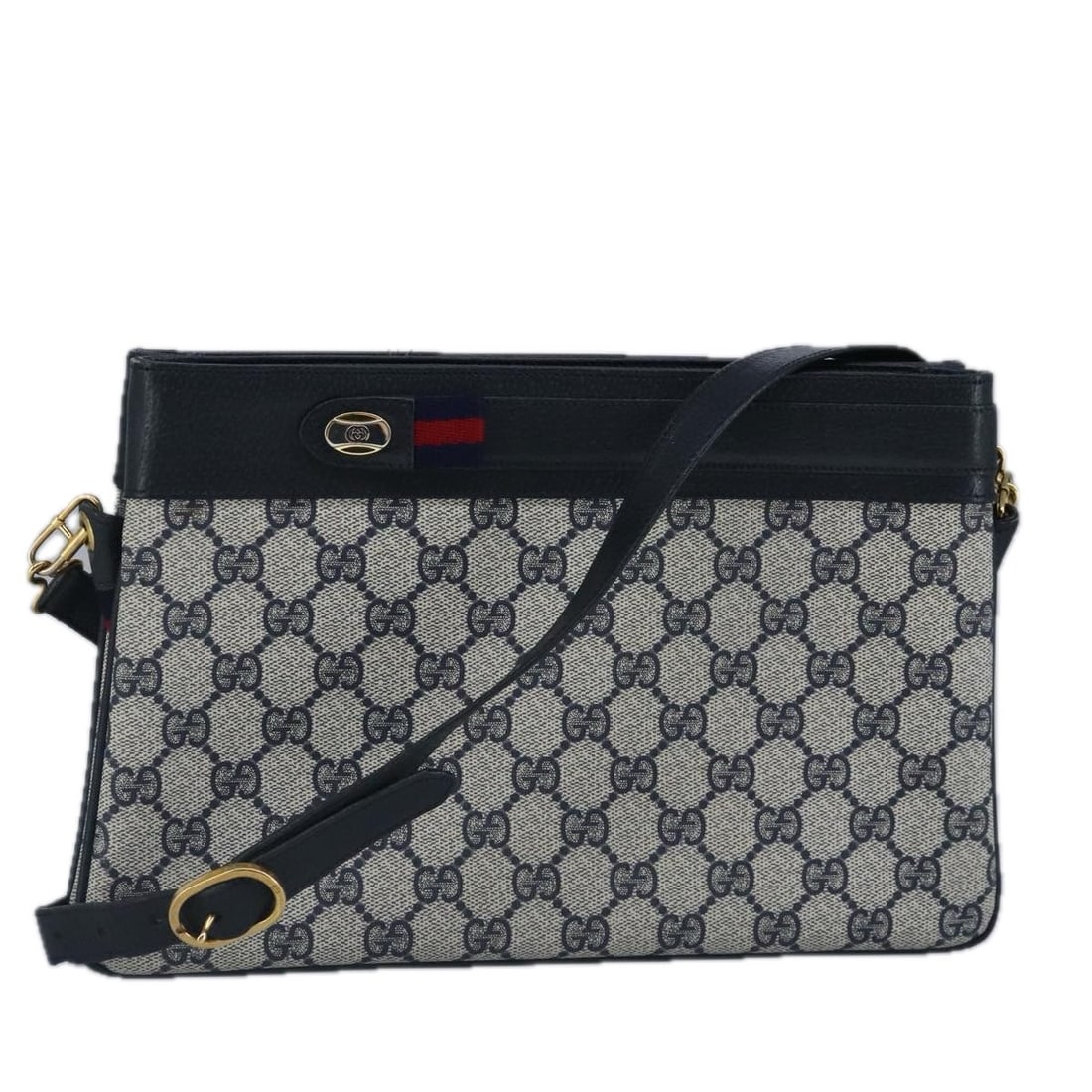 GUCCI GG Supreme Sherry Line Navy Gold Shoulder Bag PVC Italy Auth: GUCCI GG Supreme Sherry Line Navy Gold Shoulder Bag PVC Italy Auth Elevate your style with this authentic GUCCI GG Supreme Sherry Line Shoulder Bag, crafted from durable PVC leather in a sophisticated
