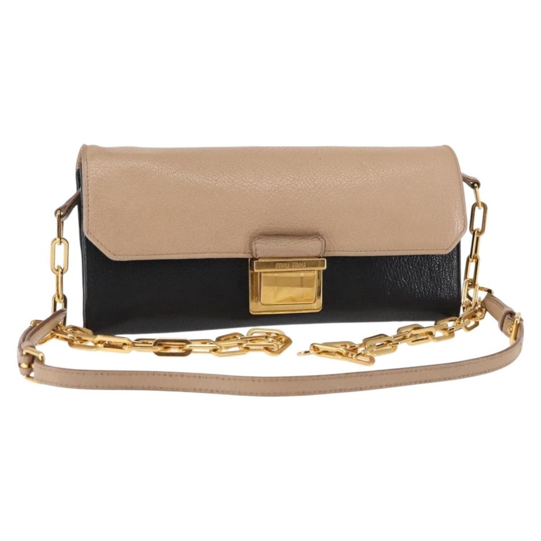 Miu Miu Chain Wallet Leather Shoulder Bag Beige Black Gold: Miu Miu Chain Wallet Leather Shoulder Bag Beige Black Gold This Miu Miu Chain Wallet is a stylish shoulder bag crafted from high-quality leather in a chic beige, black, and gold color combination. It
