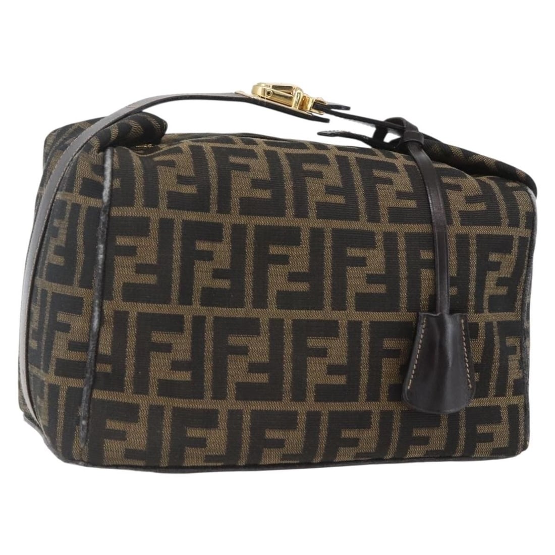 Fendi Vanity Pouch in Black and Brown Zucca Canvas with Key and Clochette: Fendi Vanity Pouch in Black and Brown Zucca Canvas with Key and Clochette This is a FENDI vanity pouch crafted in the brand's signature Zucca canvas in black and brown tones. The pouch includes a key