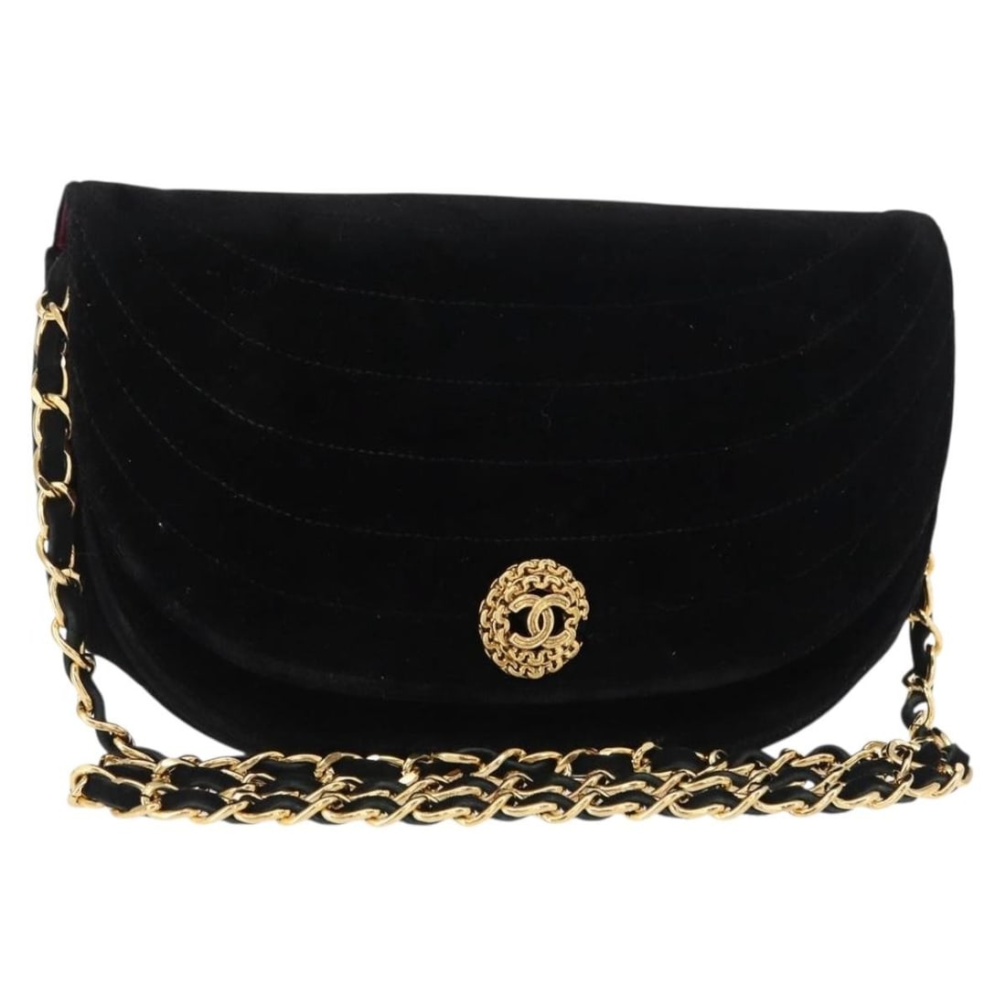 CHANEL Black Gold Velor Chain Shoulder Bag Auth 156502: CHANEL Black Gold Velor Chain Shoulder Bag Auth 156502 This authentic CHANEL Chain Shoulder Bag is crafted from luxurious velor in a classic black and gold color combination. Designed in France, this
