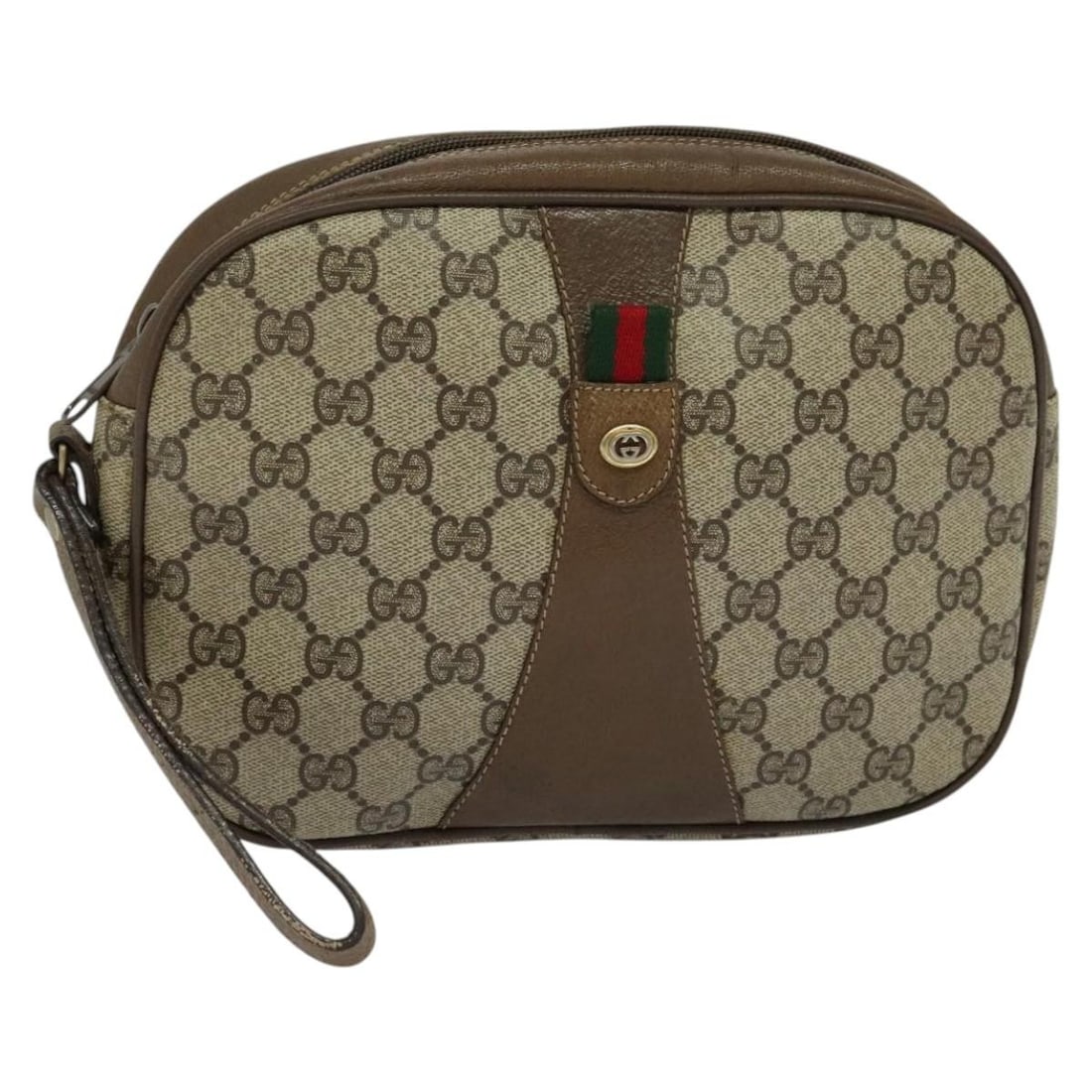 GUCCI GG Supreme Web Sherry Clutch Bag Beige PVC Made in Italy: GUCCI GG Supreme Web Sherry Clutch Bag Beige PVC Made in Italy The GUCCI GG Supreme Web Sherry Line Clutch Bag is a stylish accessory crafted from durable PVC leather. This elegant clutch features a c